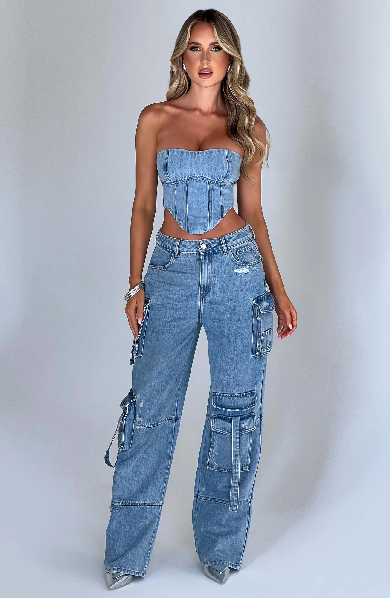 Blue Cargo Pants - Stylish Wide Leg Denim Trousers