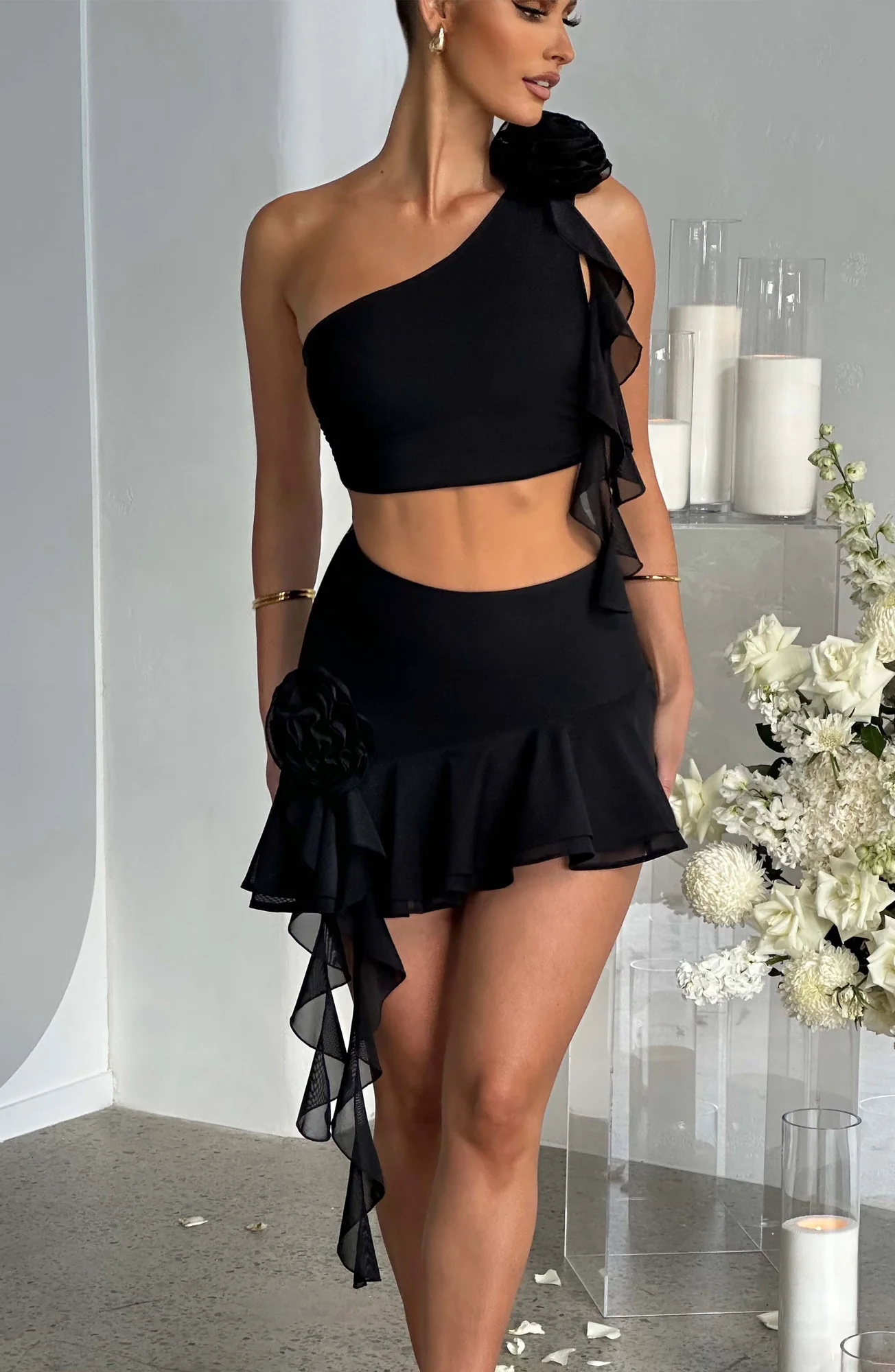 Black Asymmetric Ruffle Mini Skirt