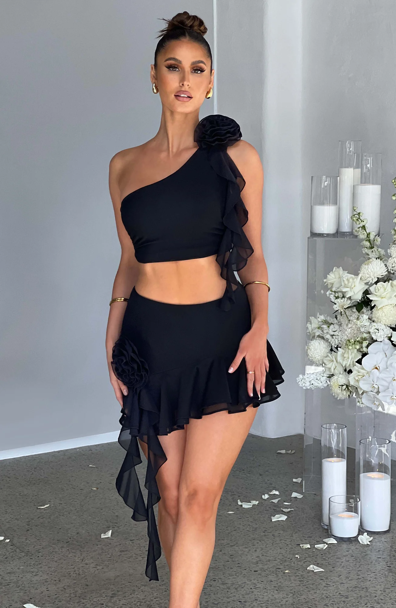 Black Asymmetric Ruffle Mini Skirt