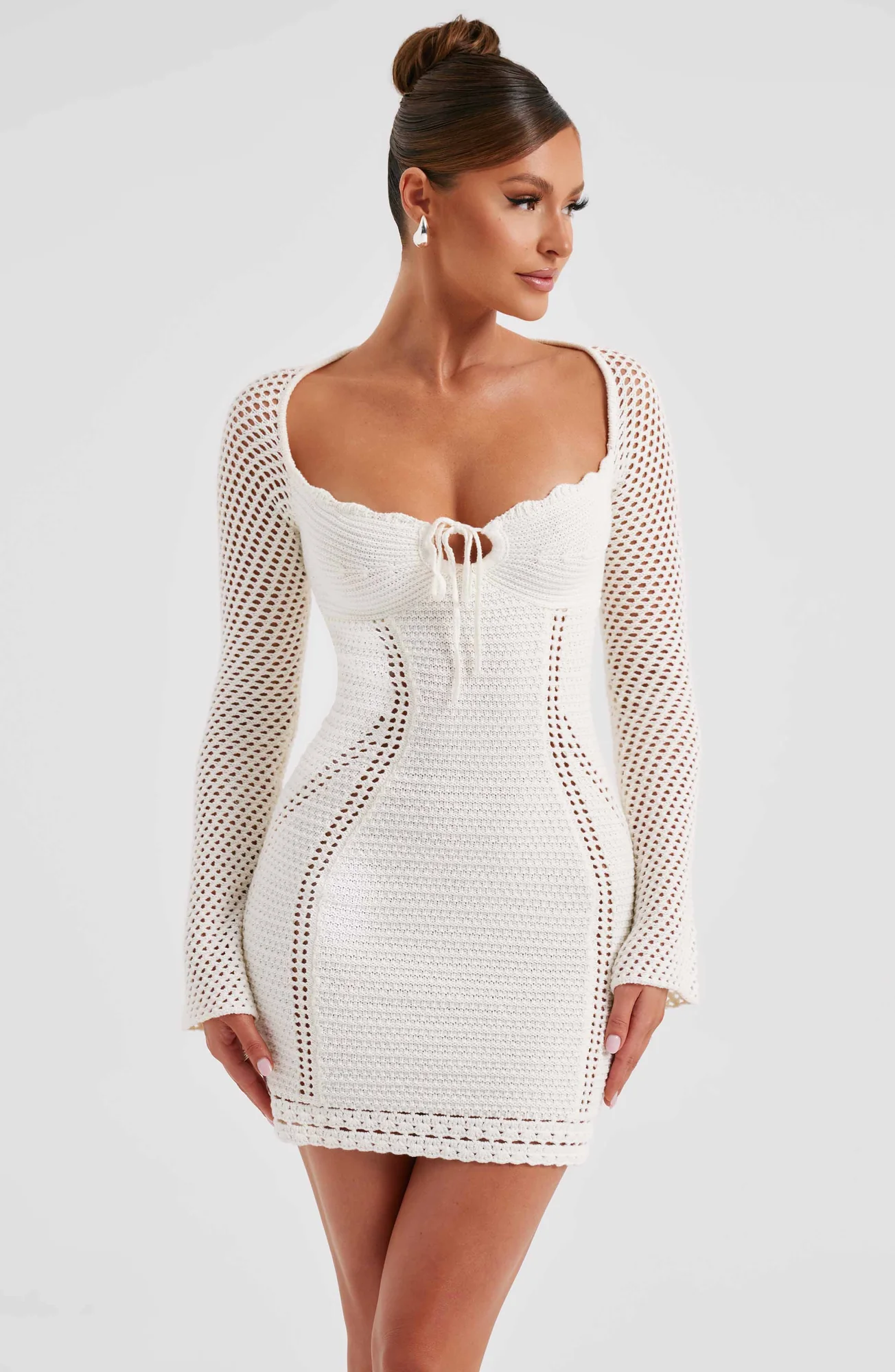 White Crochet Knit Mini Dress with Flared Sleeves