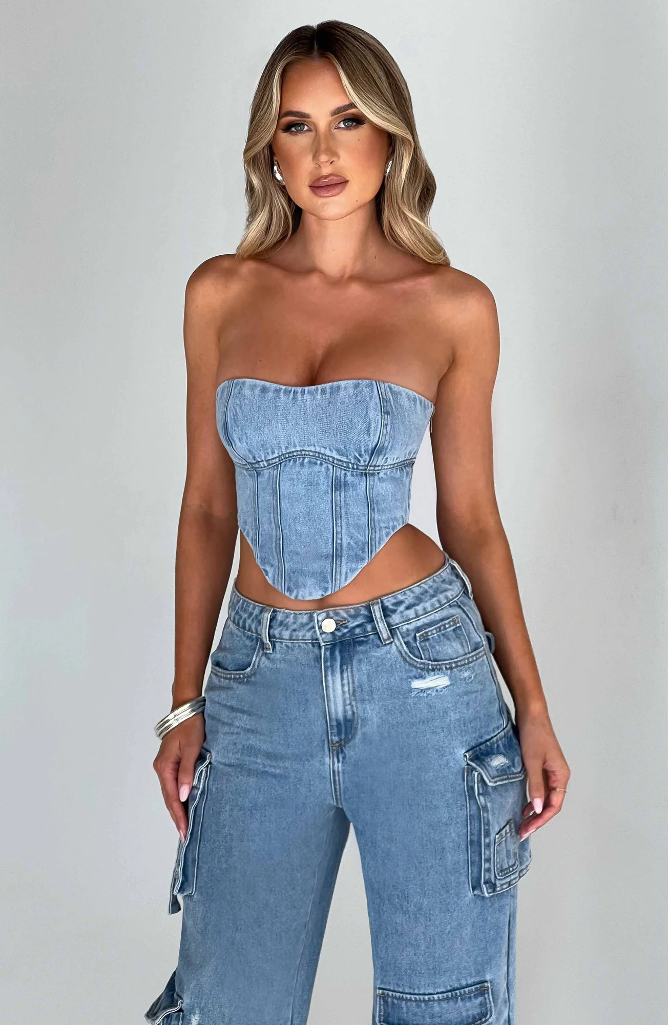 Blue Denim Corset - Trendy Strapless Cropped Top