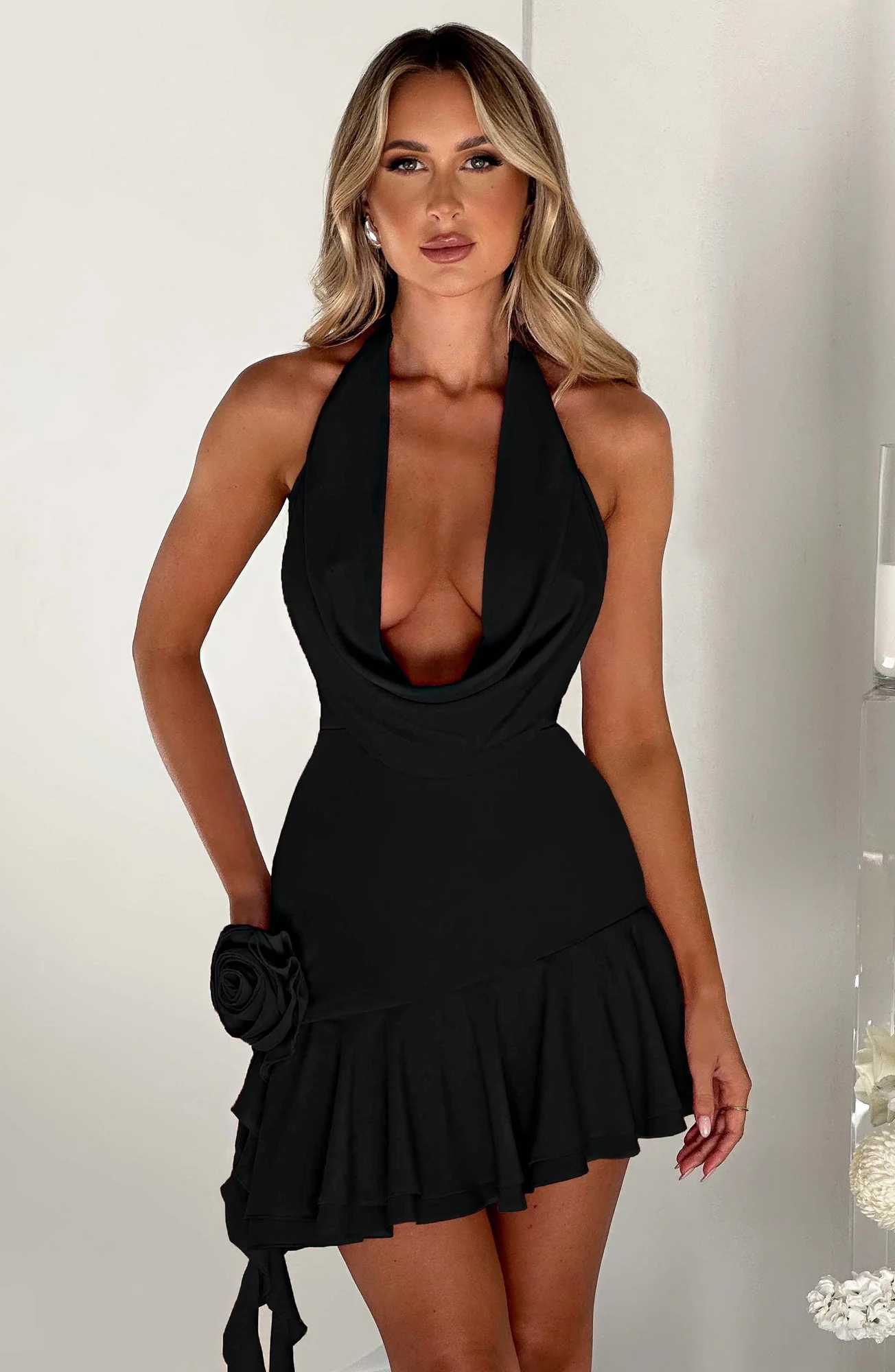 Black Mini Dress with Plunge Cowl Neck & Cascading Ruffles