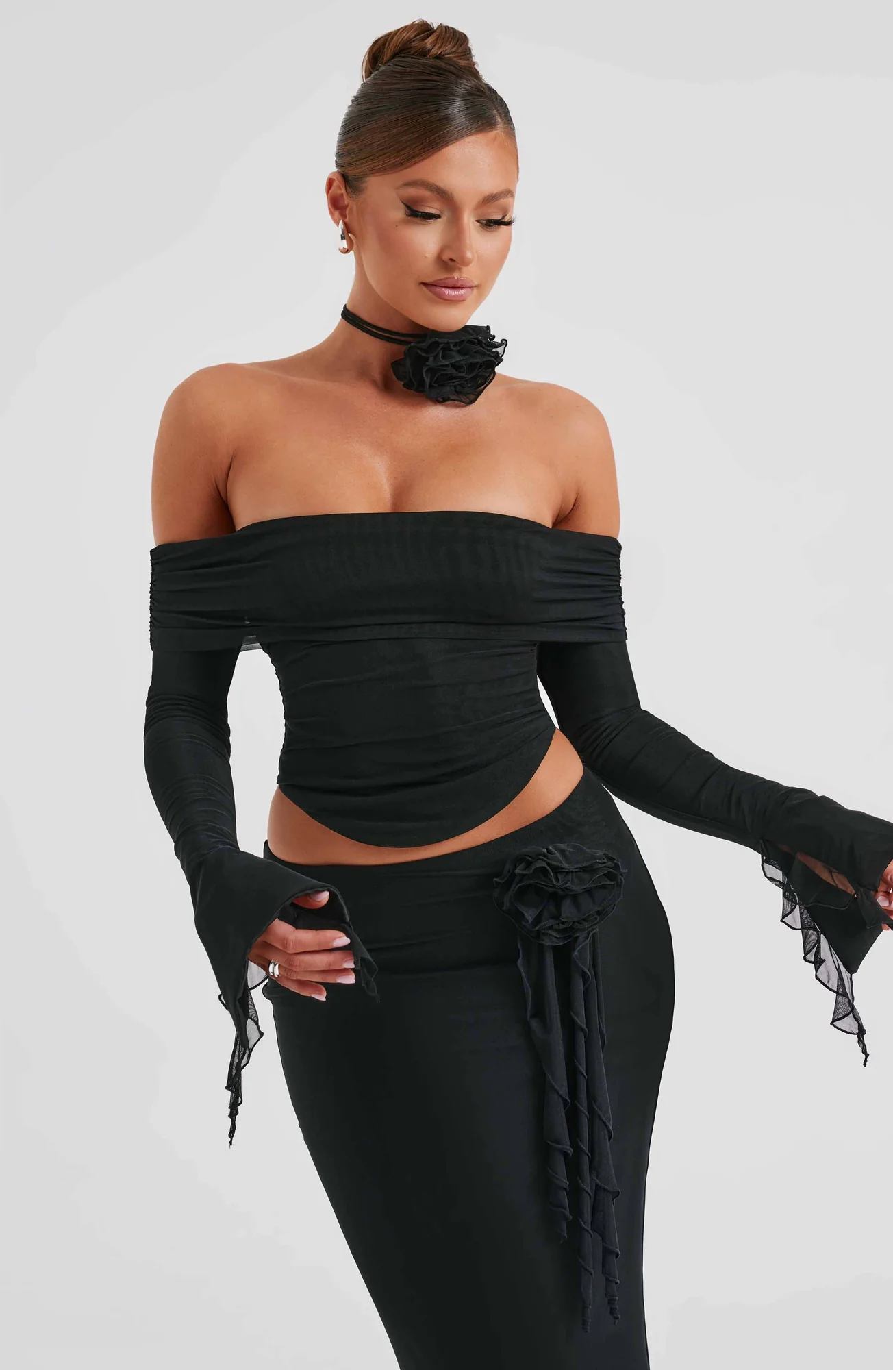 Mesh Long Sleeve Black Crop Top - Deema
