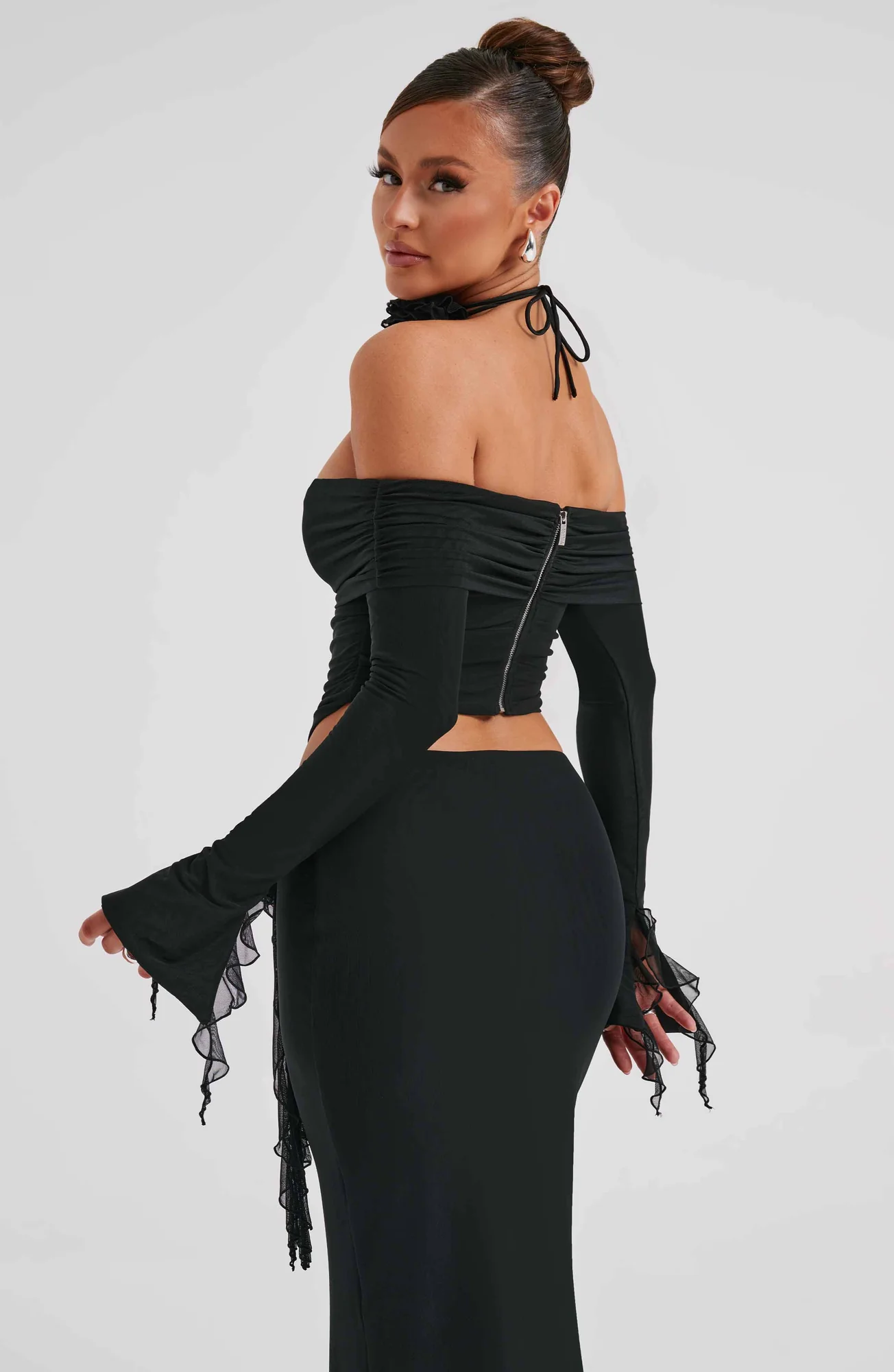 Mesh Long Sleeve Black Crop Top - Deema