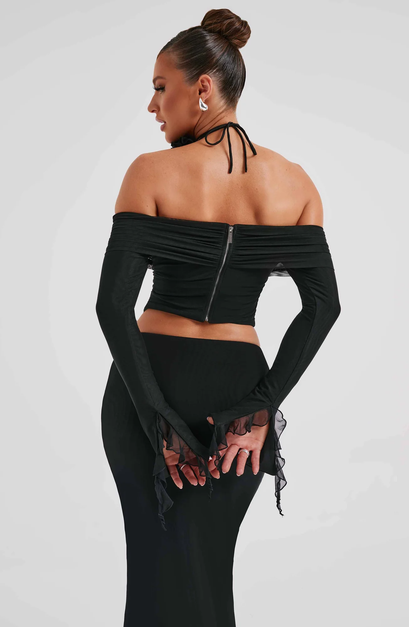 Mesh Long Sleeve Black Crop Top - Deema