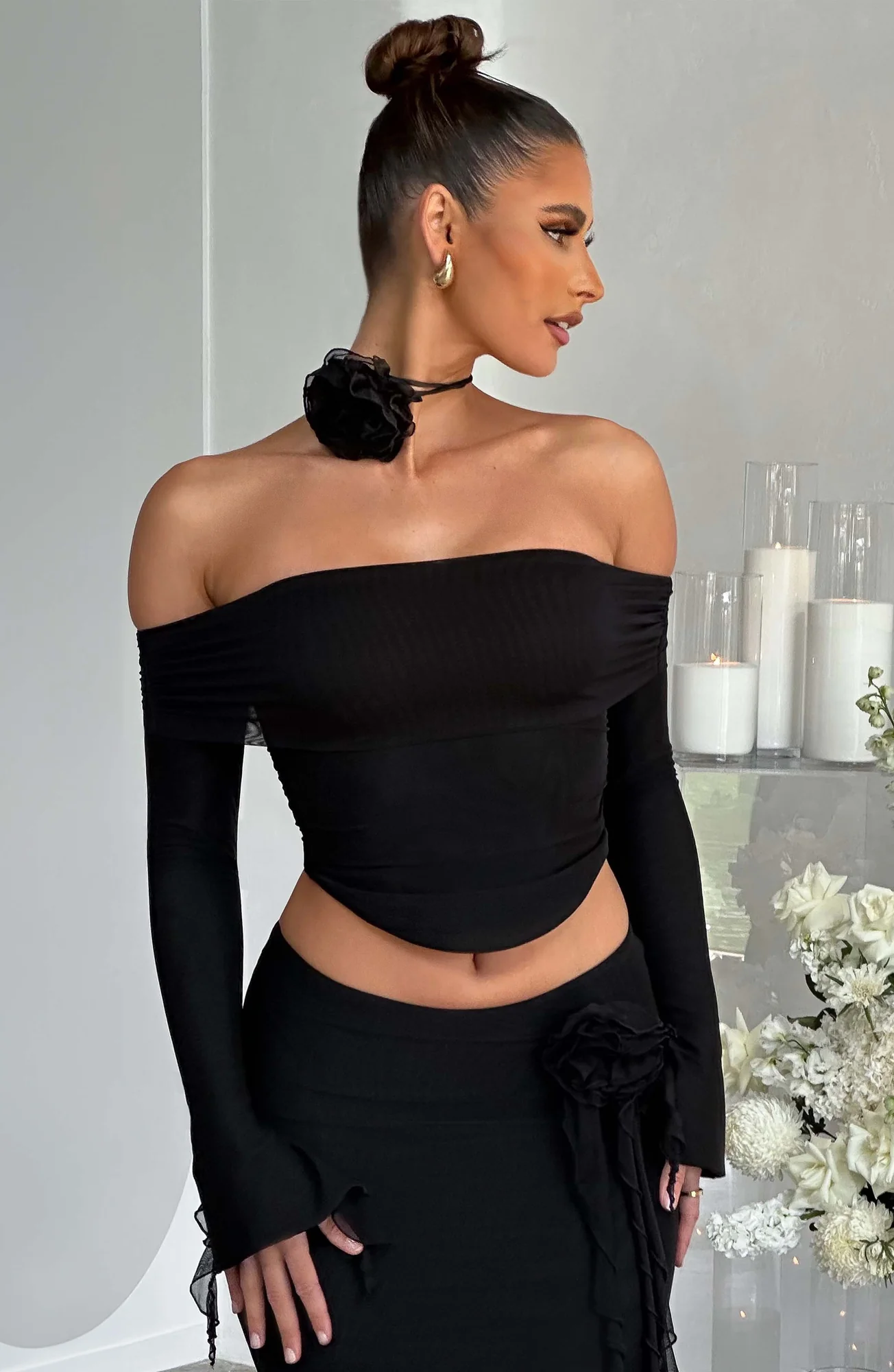 Mesh Long Sleeve Black Crop Top - Deema