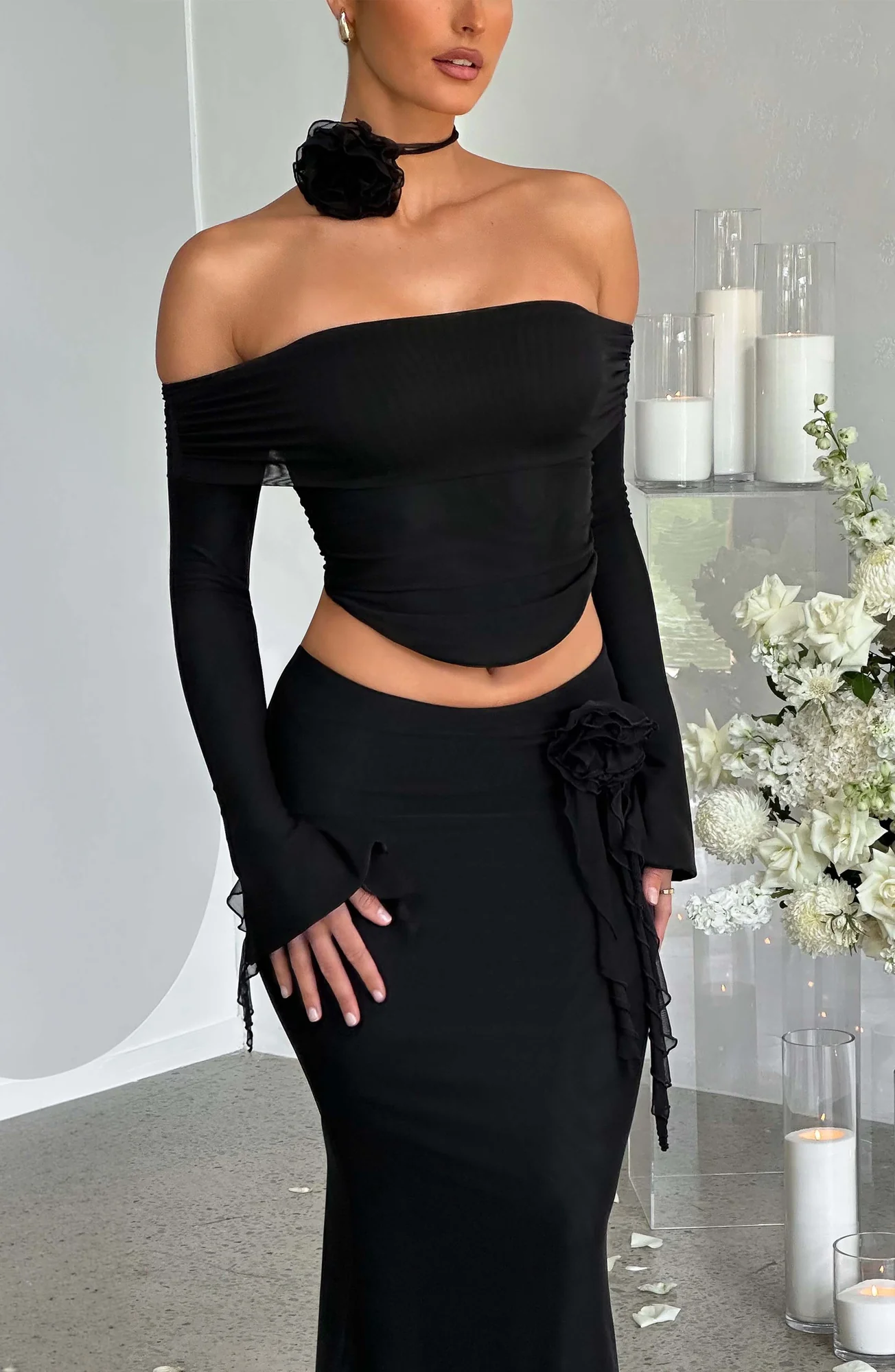 Mesh Long Sleeve Black Crop Top - Deema