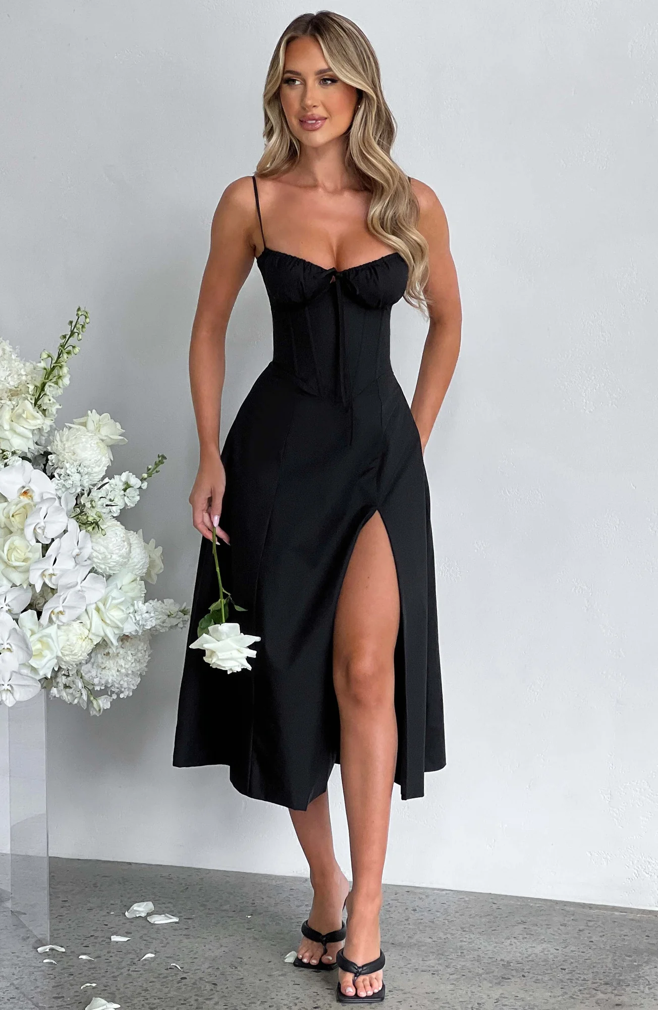 Black Corseted Midi Dress with Thigh High Split