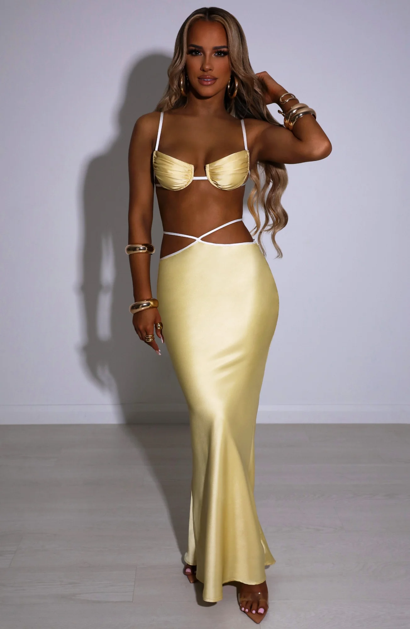 Lemon Satin Maxi Skirt - Womens Elegant Criss-Cross Design