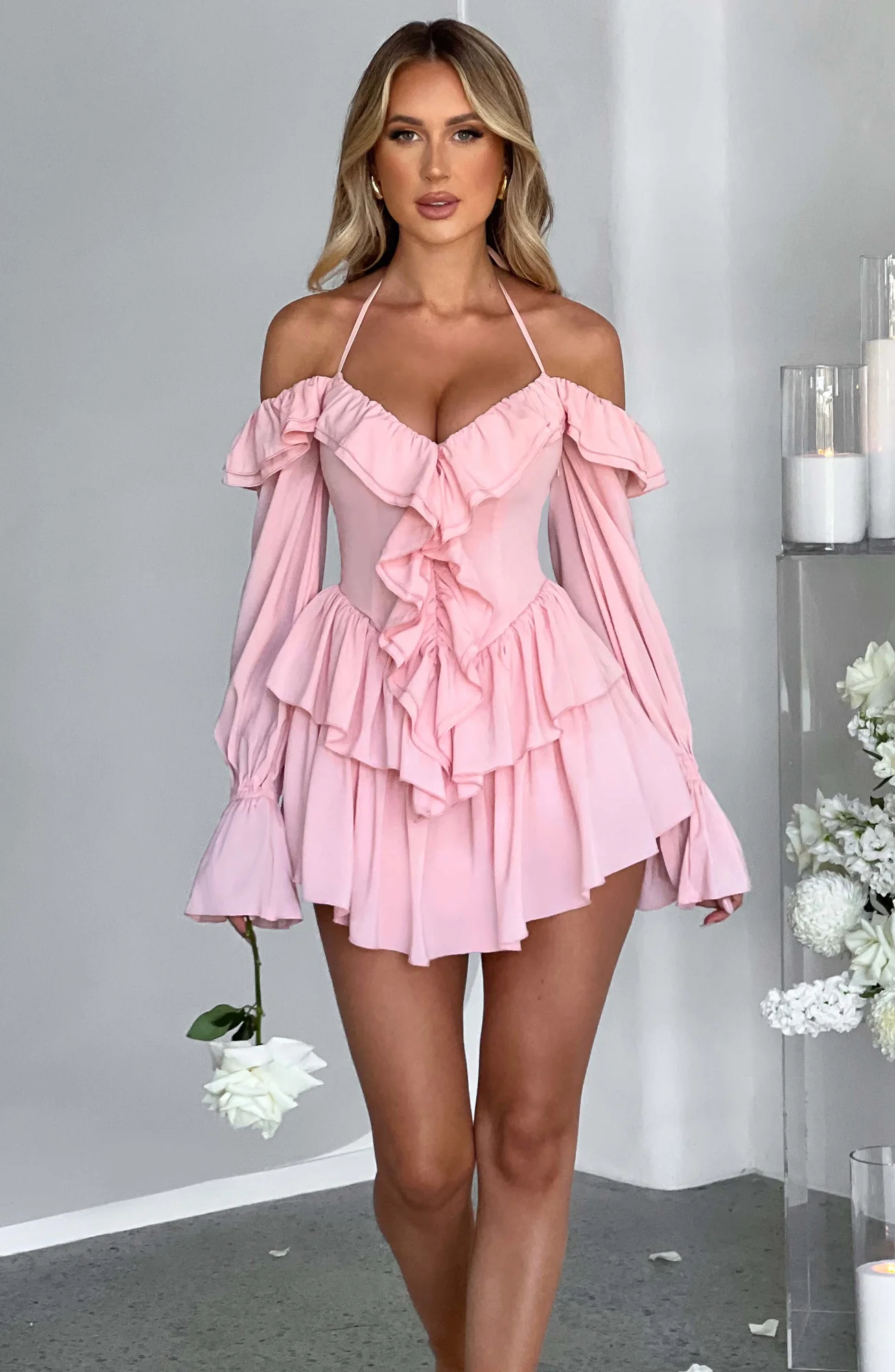 Pink Off-Shoulder Ruffle Jumpsuit