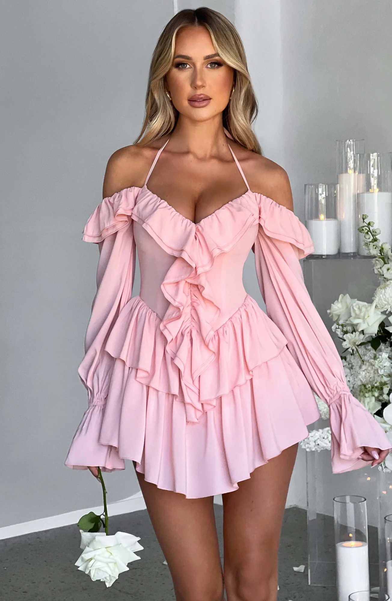 Pink Off-Shoulder Ruffle Jumpsuit