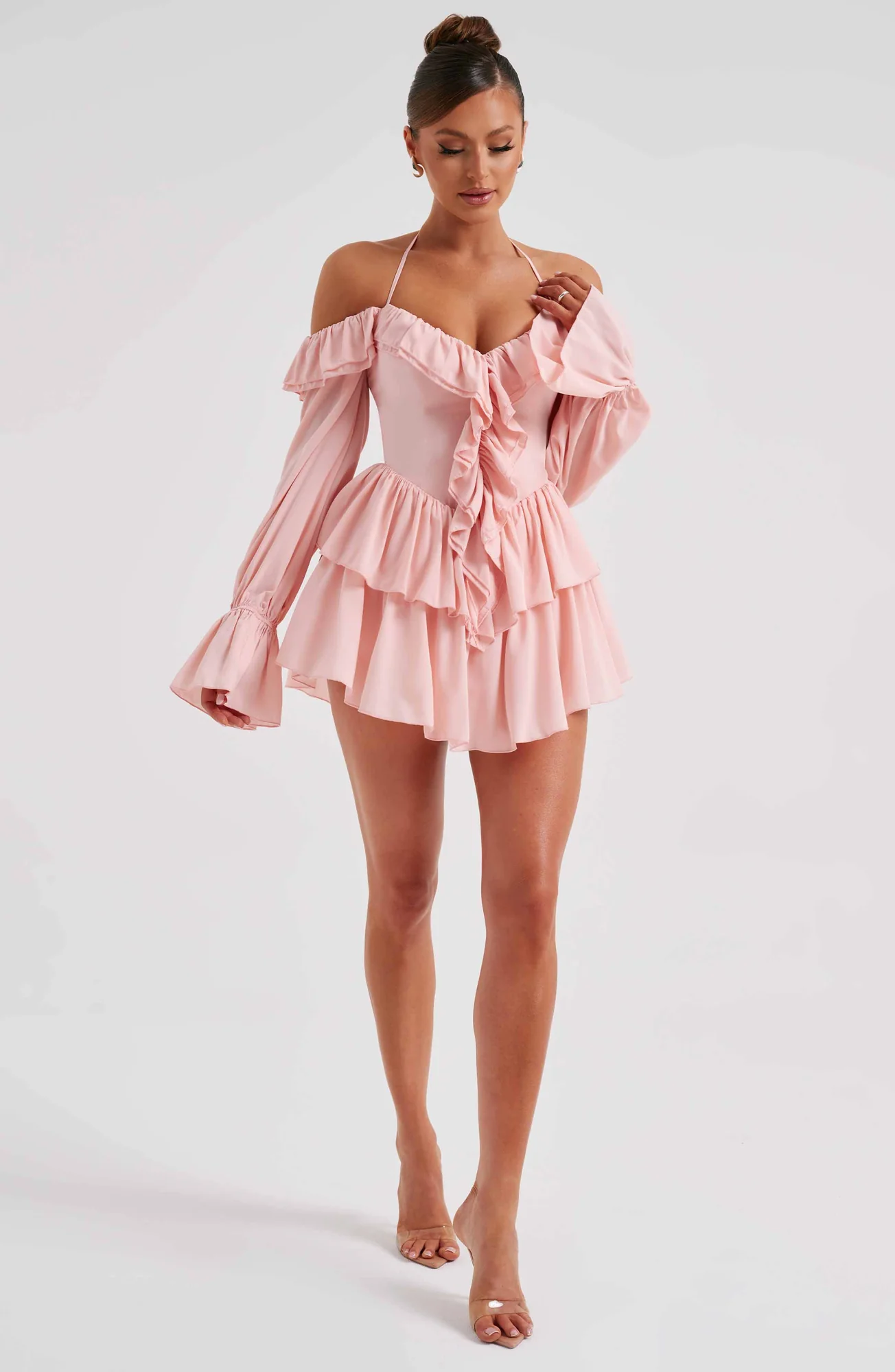 Pink Off-Shoulder Ruffle Jumpsuit