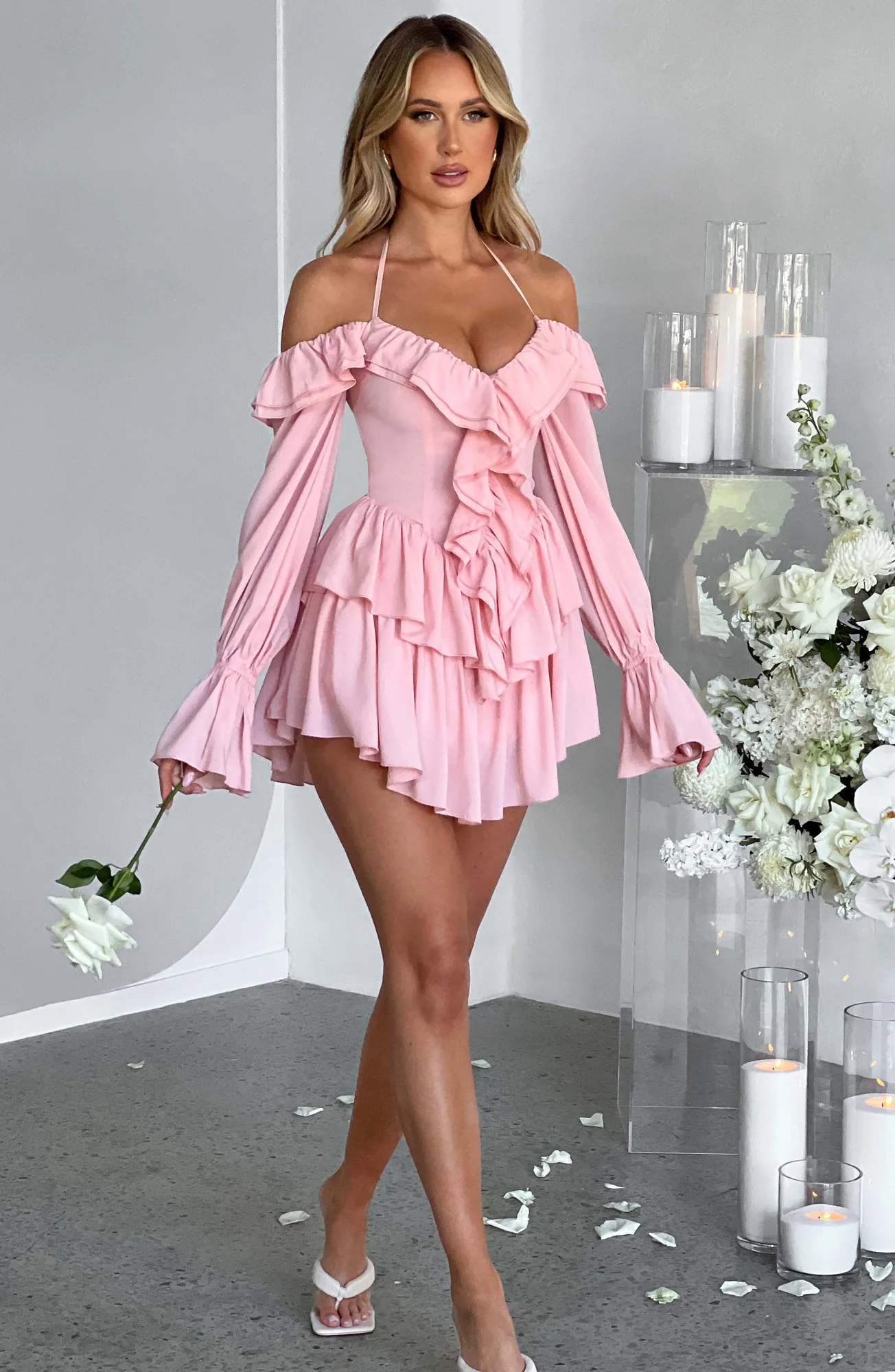 Pink Off-Shoulder Ruffle Jumpsuit