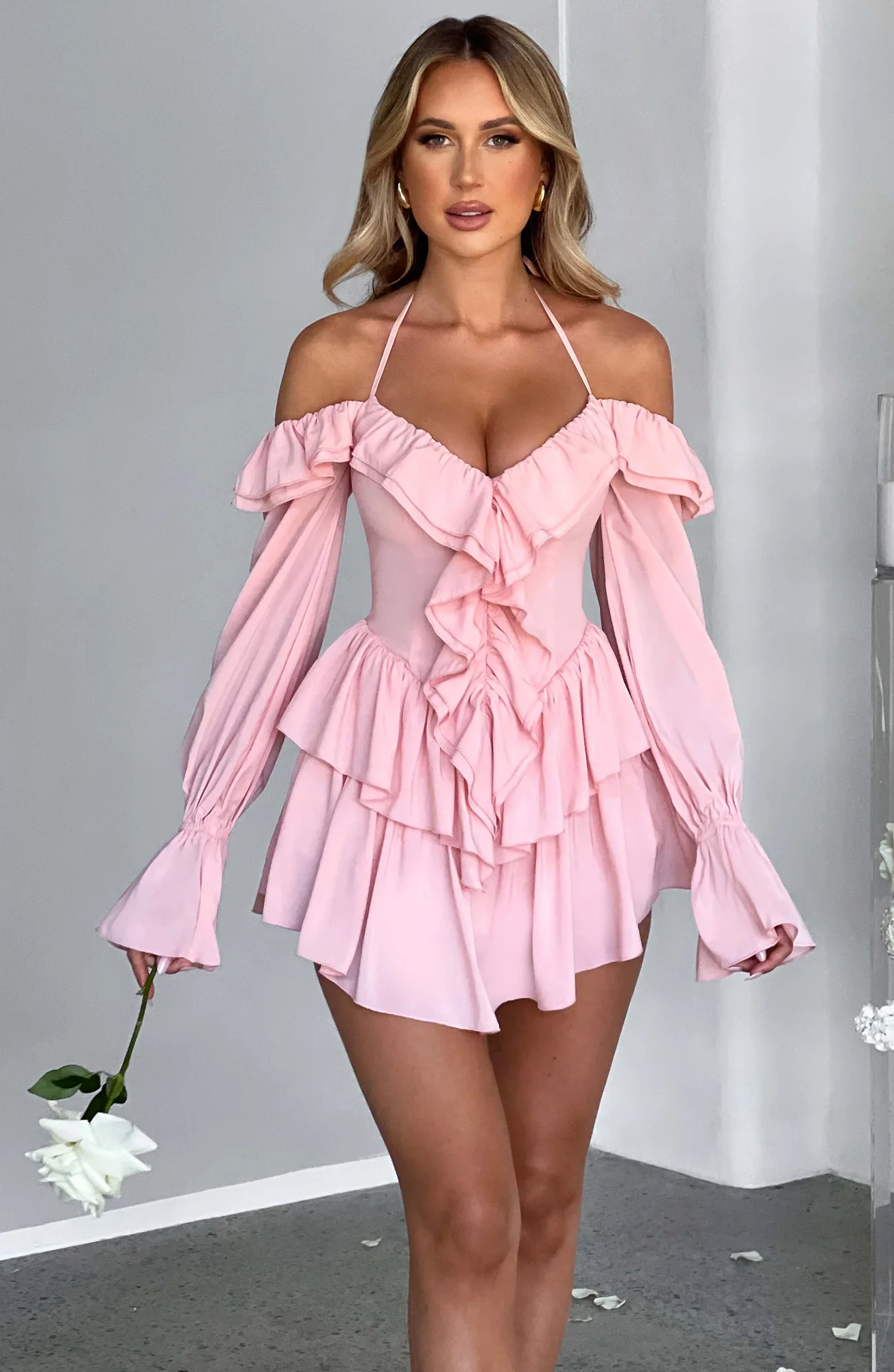Pink Off-Shoulder Ruffle Jumpsuit