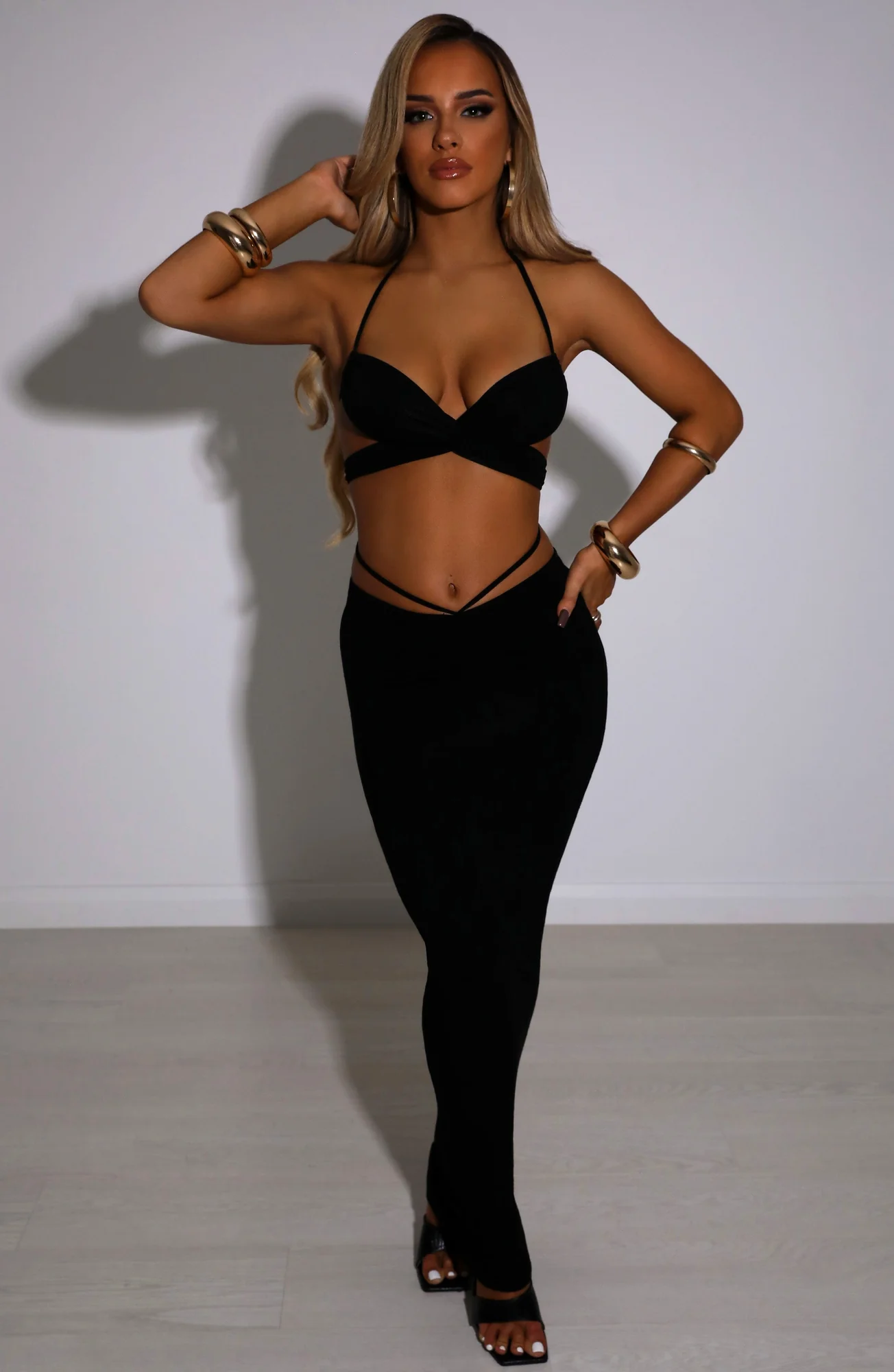 Black Cotton Stretch Maxi Skirt with Adjustable Ruching - Elegant Style