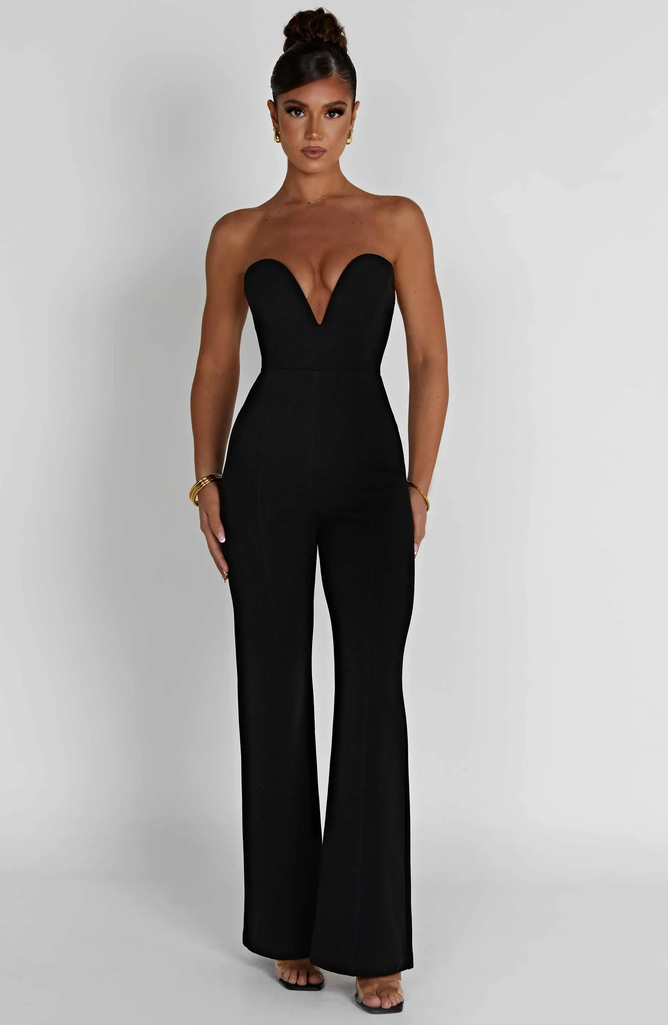 Sleek Black Strapless Jumpsuit - Premium Stretch Crepe Fabric