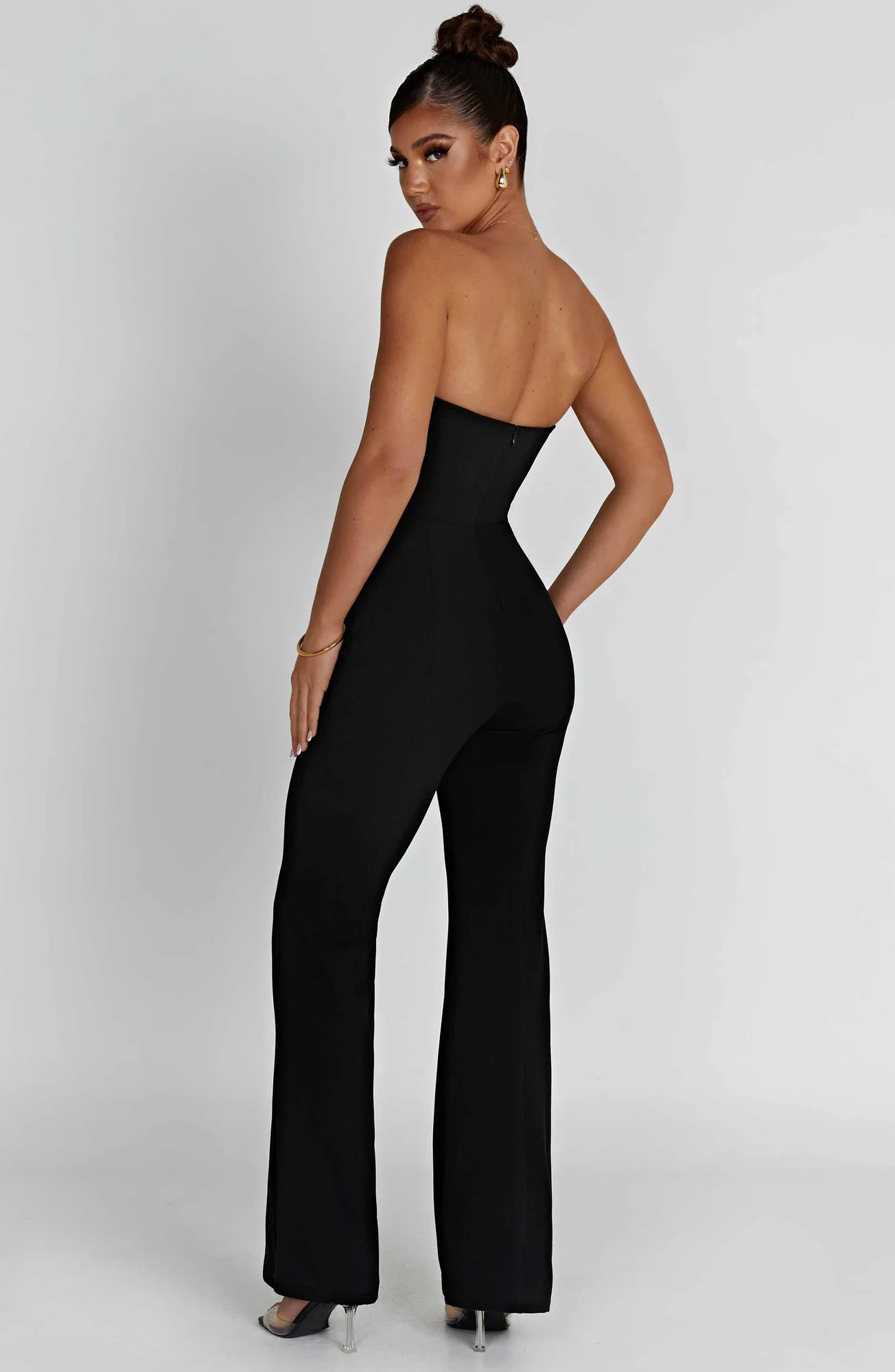 Sleek Black Strapless Jumpsuit - Premium Stretch Crepe Fabric