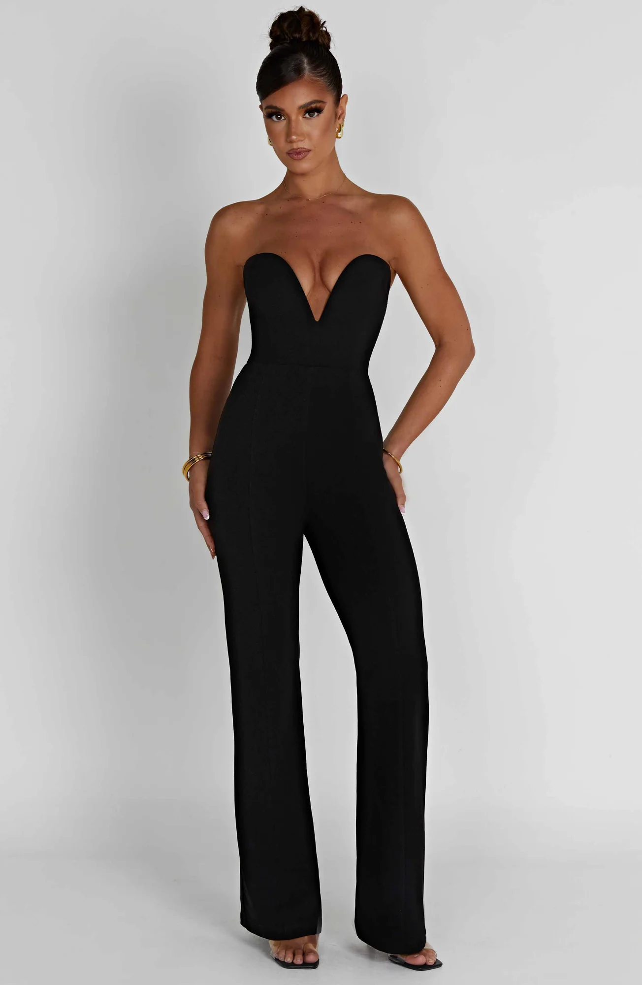 Sleek Black Strapless Jumpsuit - Premium Stretch Crepe Fabric