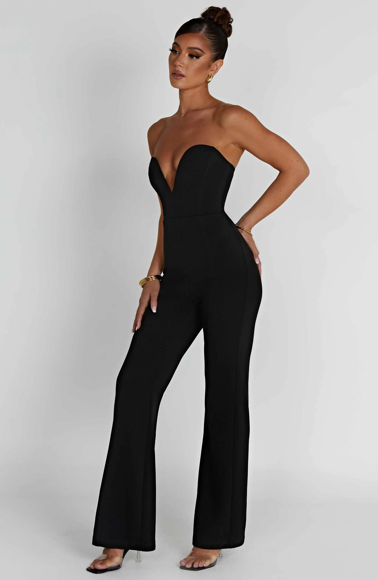 Sleek Black Strapless Jumpsuit - Premium Stretch Crepe Fabric