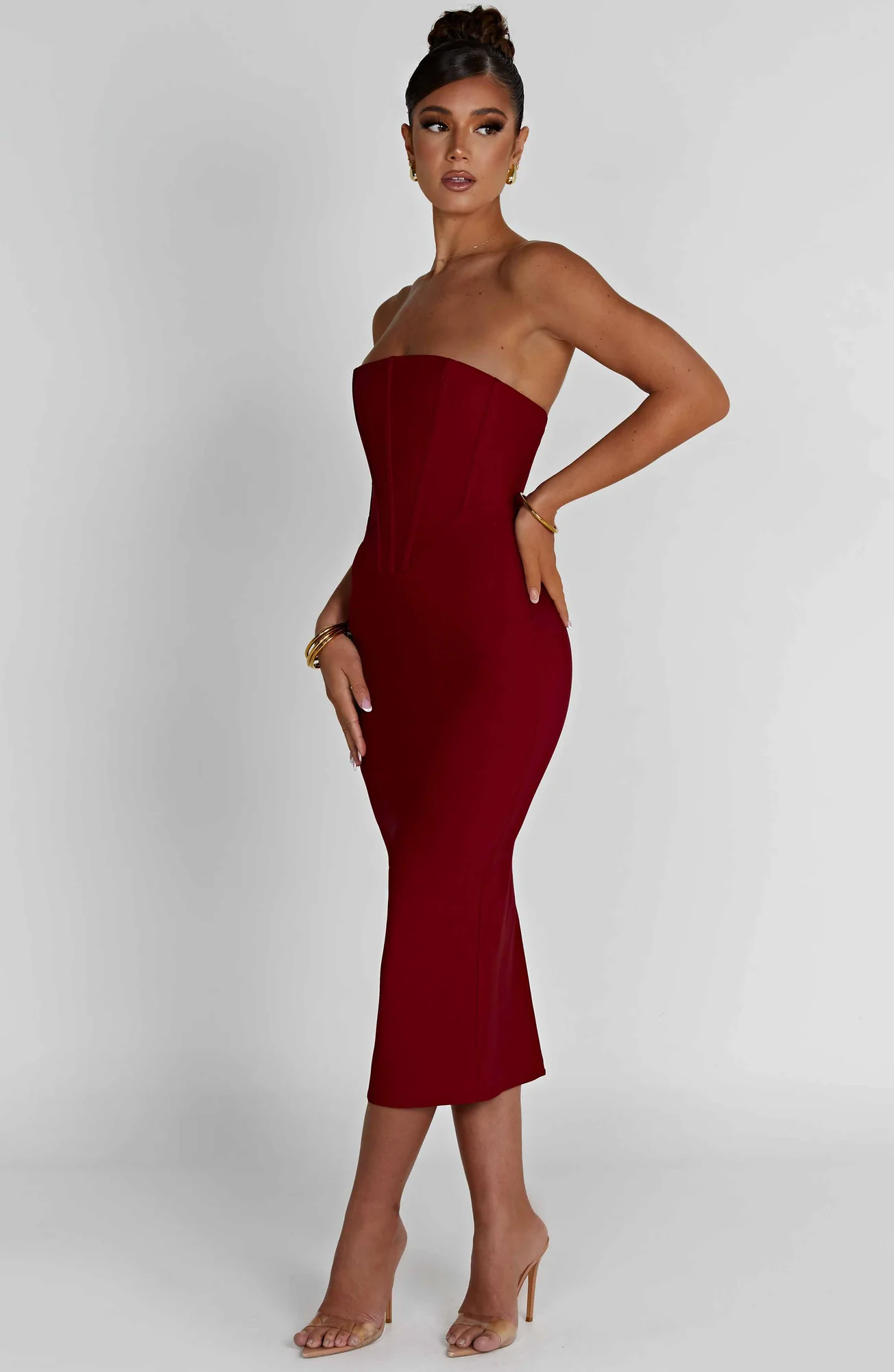 Red Strapless Corset Midi Dress - Figure-Hugging Silhouette