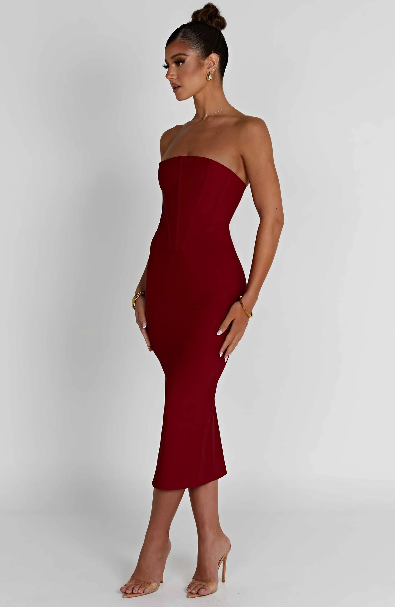 Red Strapless Corset Midi Dress - Figure-Hugging Silhouette
