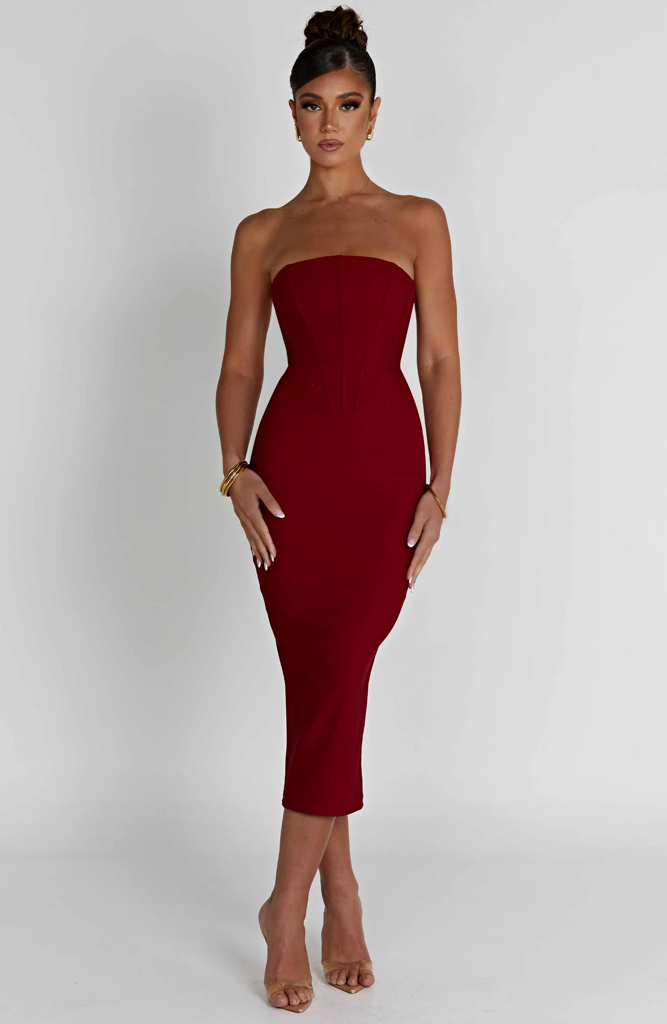 Red Strapless Corset Midi Dress - Figure-Hugging Silhouette