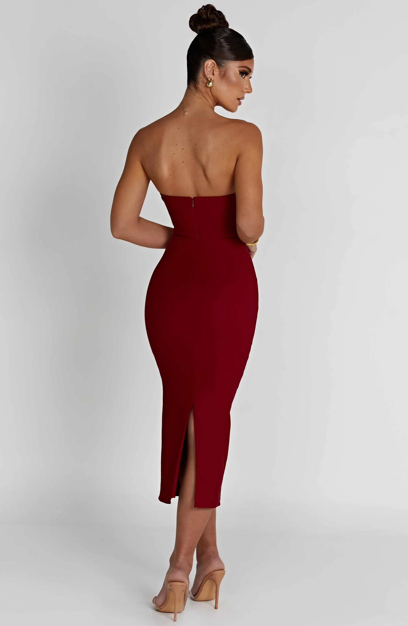 Red Strapless Corset Midi Dress - Figure-Hugging Silhouette