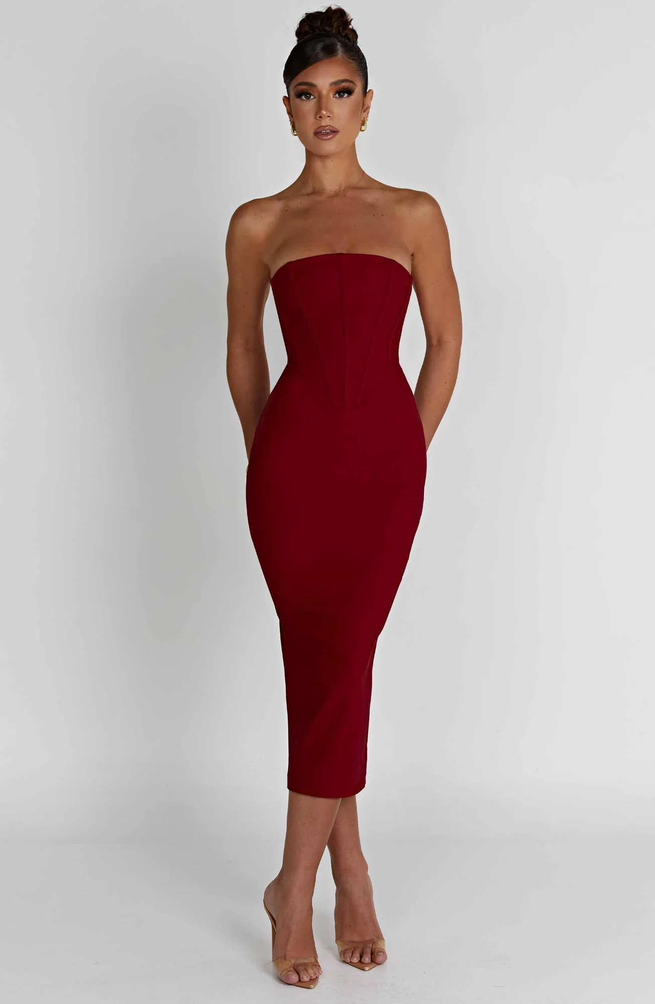 Red Strapless Corset Midi Dress - Figure-Hugging Silhouette