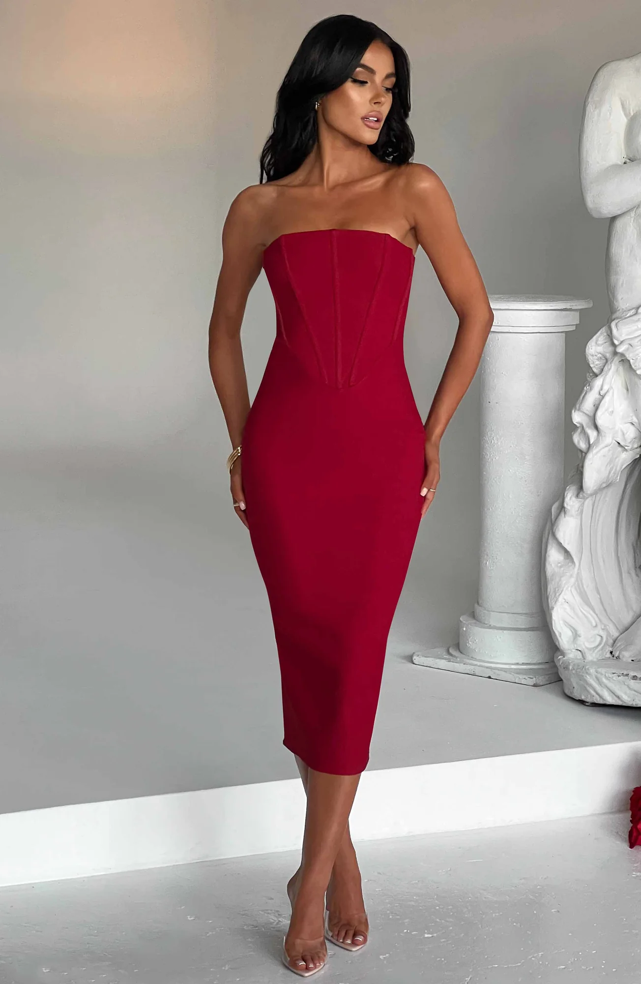 Red Strapless Corset Midi Dress - Figure-Hugging Silhouette