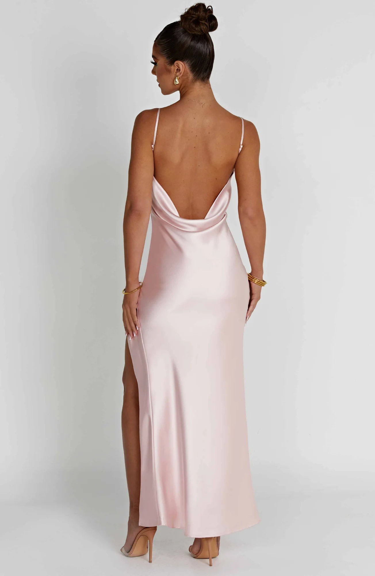 Satin Cowl Neck Maxi Dress in Blush - Elegant Thigh-Split Evening Gown