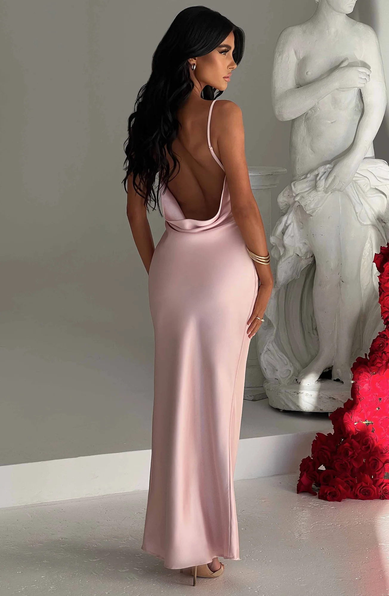 Satin Cowl Neck Maxi Dress in Blush - Elegant Thigh-Split Evening Gown