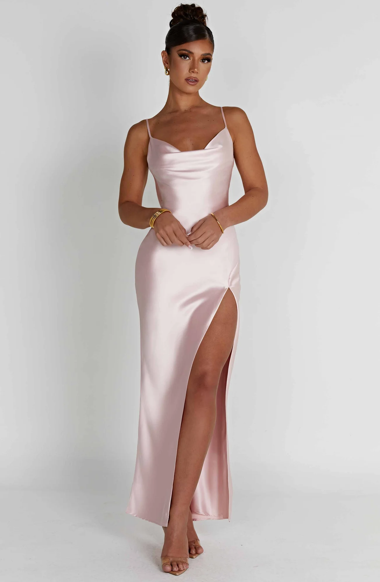 Satin Cowl Neck Maxi Dress in Blush - Elegant Thigh-Split Evening Gown