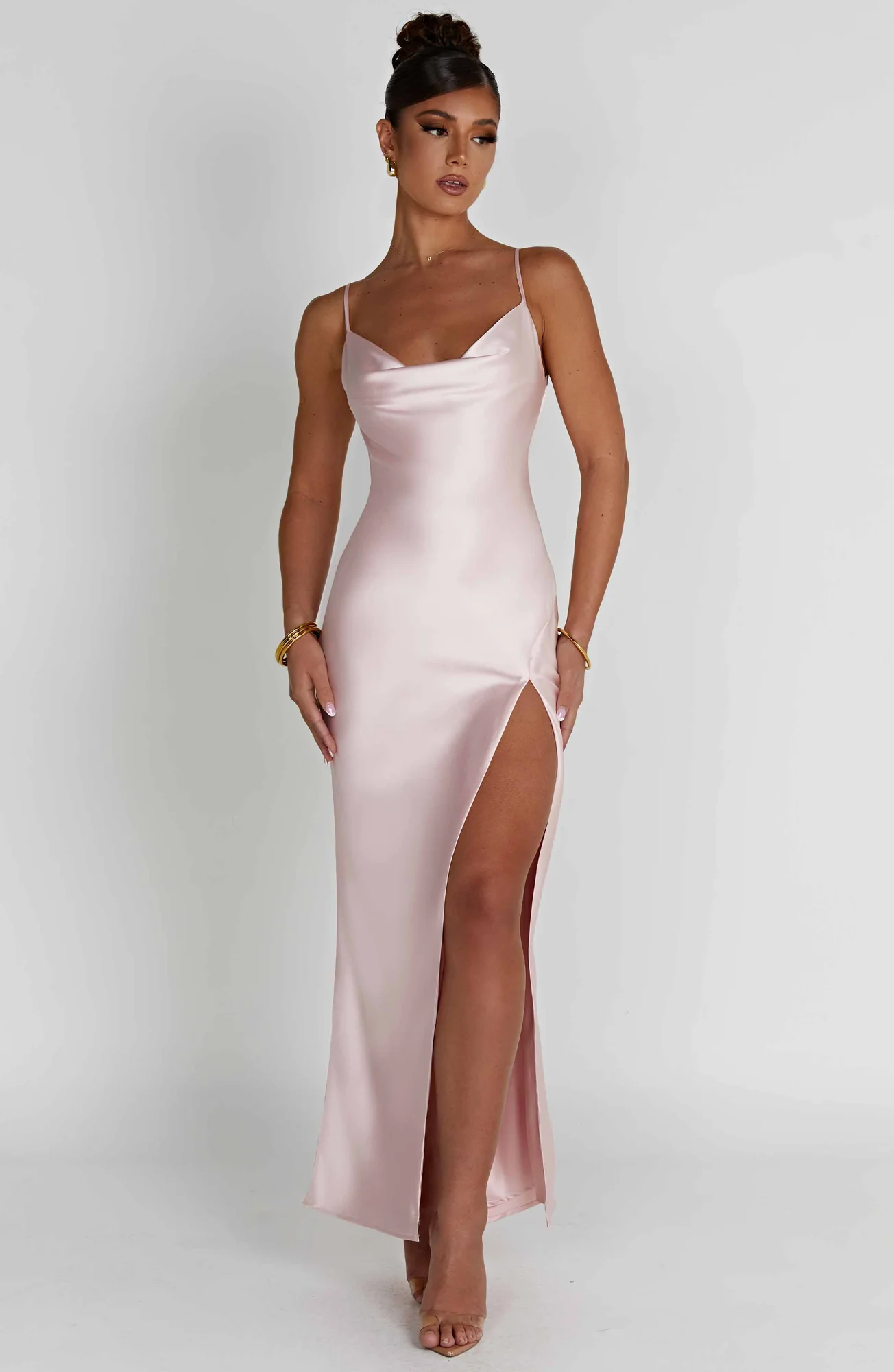Satin Cowl Neck Maxi Dress in Blush - Elegant Thigh-Split Evening Gown