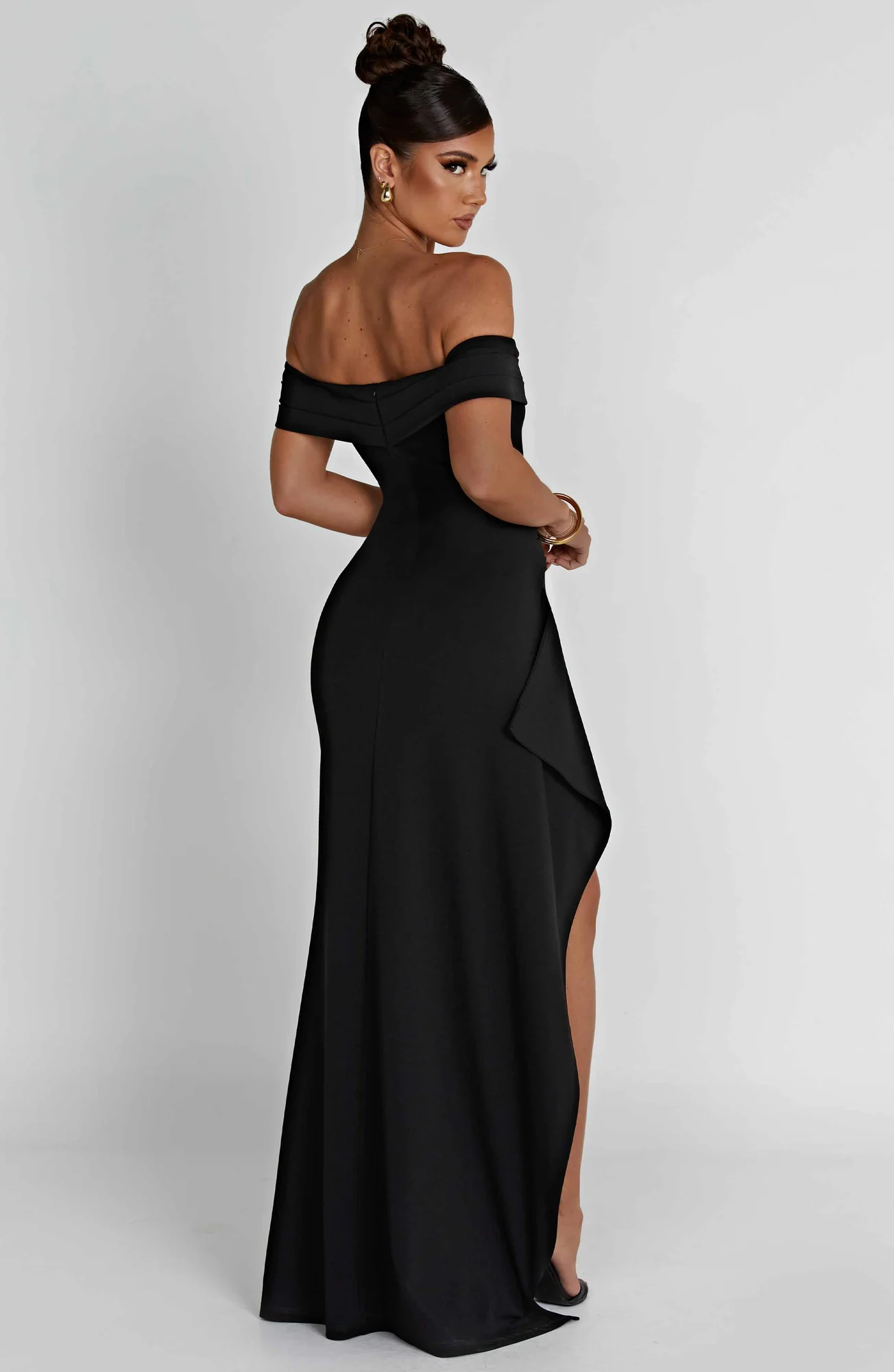 Elegant Black Bardot Maxi Dress - Stretch Crepe Fabric