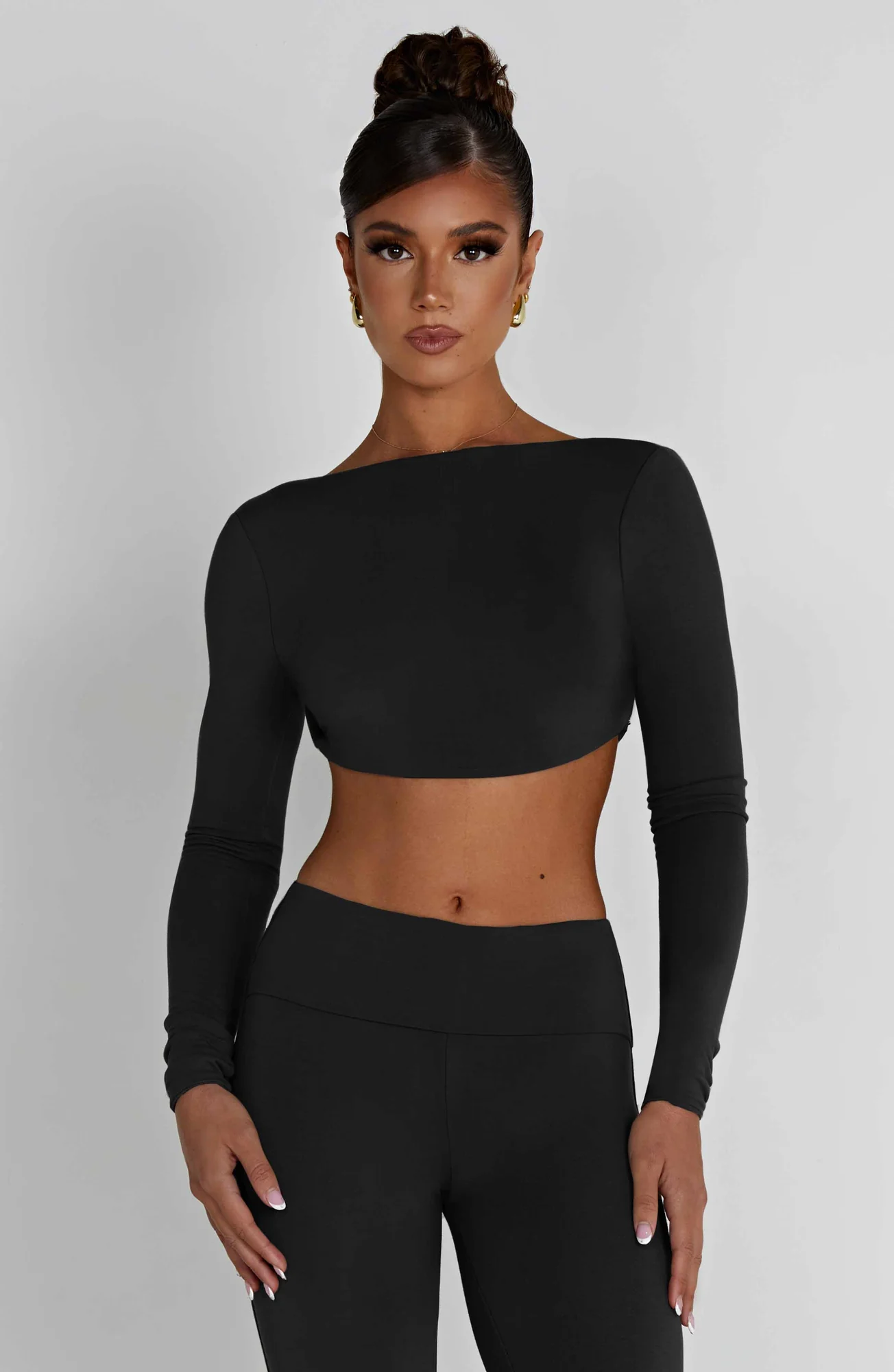 Sahra Black Modal Crop Top - High Neck Long Sleeve Design
