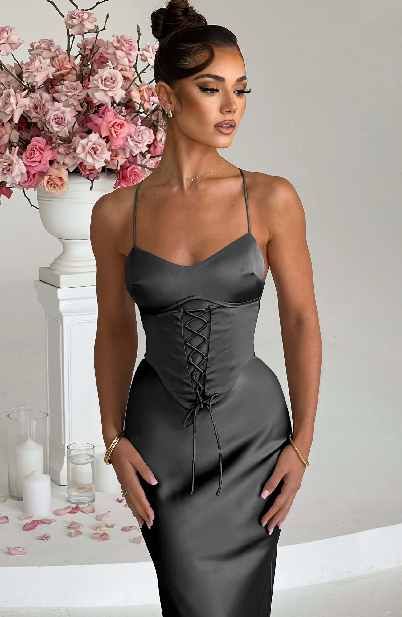 Bias Cut Satin Corset Maxi Dress in Charcoal - Elegant Silhouette