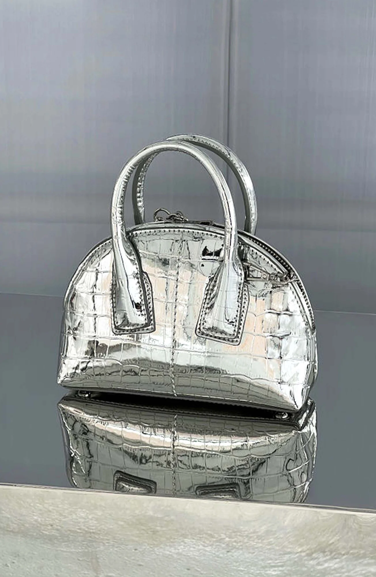 Silver Mini Bag with Zip Top Closure, Detachable Shoulder Strap