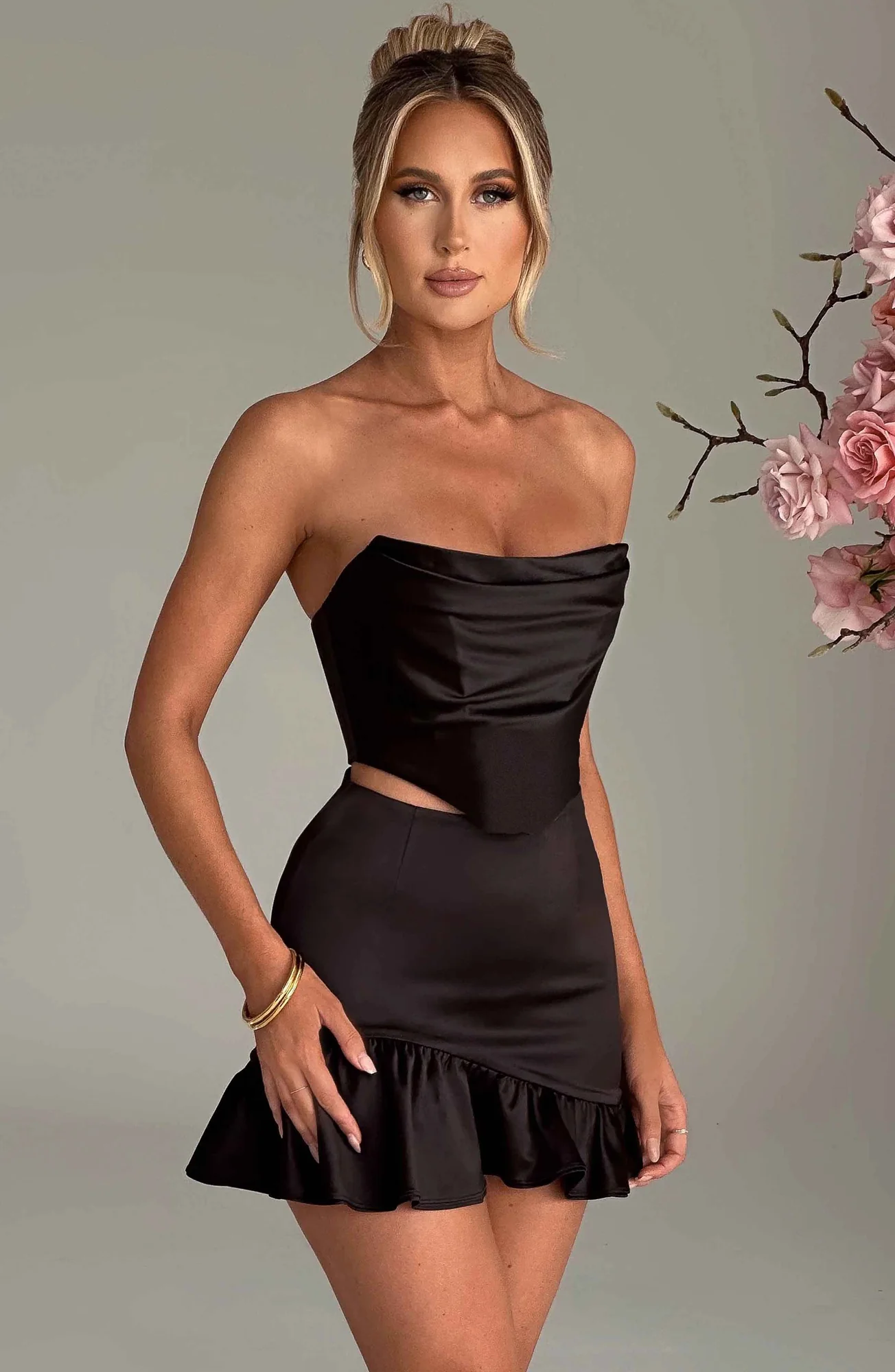 Black Stretch Satin Corset Top with Built-in Waist Cincher