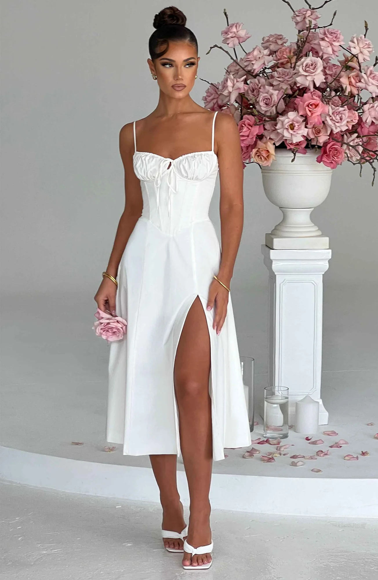 Feminine Ivory Corseted Midi Dress with Thigh Split