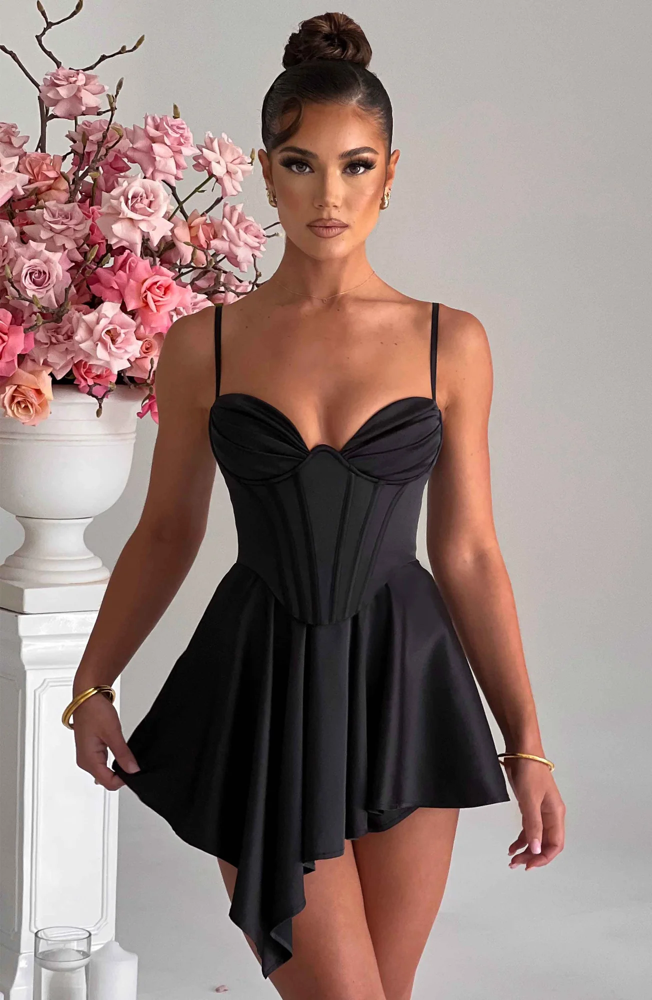 Black Satin Fluttery Jumpsuit with Corset Body - Elegant Mini Playsuit