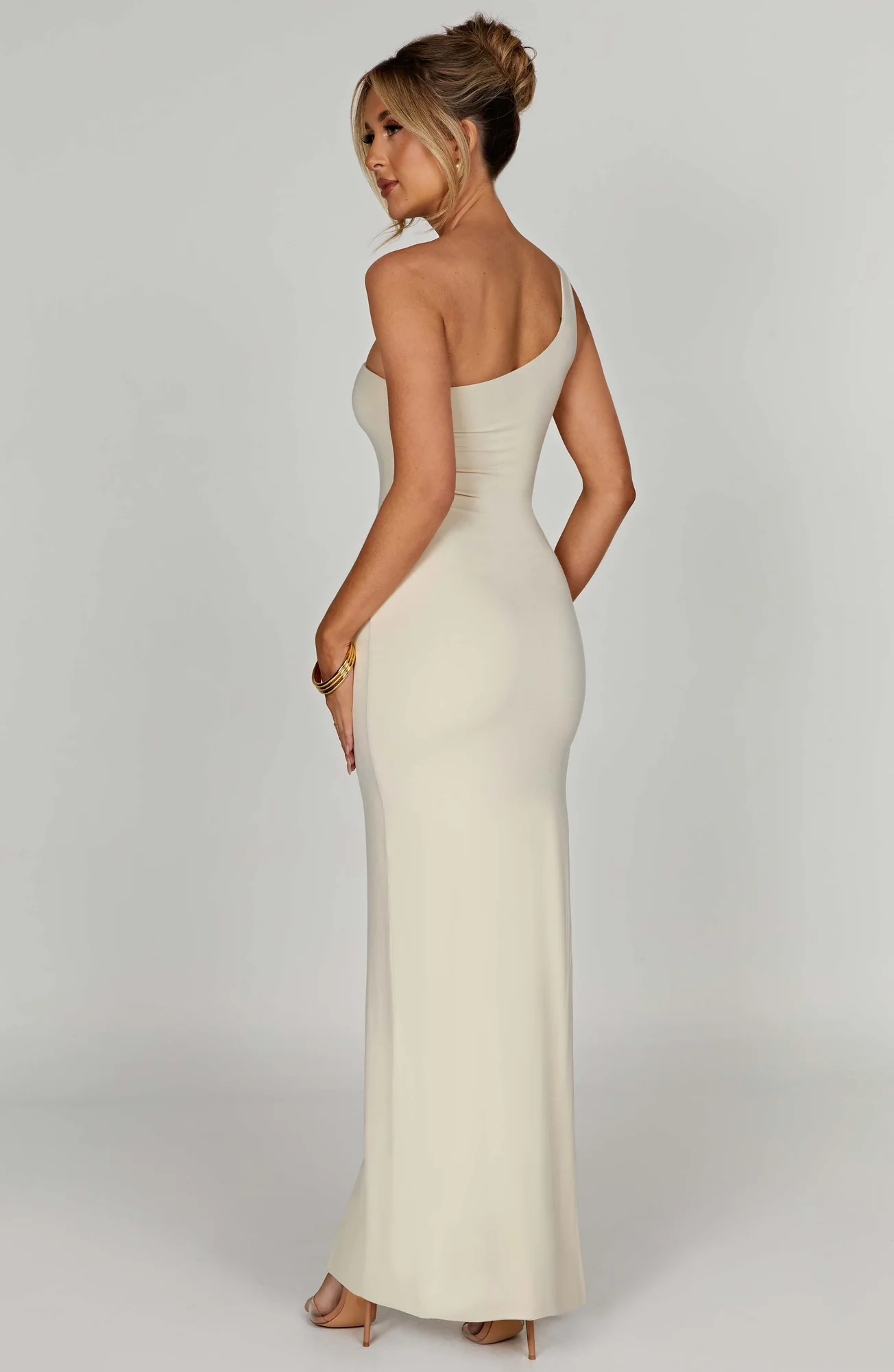 Cream Modal Maxi Dress - One Shoulder Strap & Thigh High Split