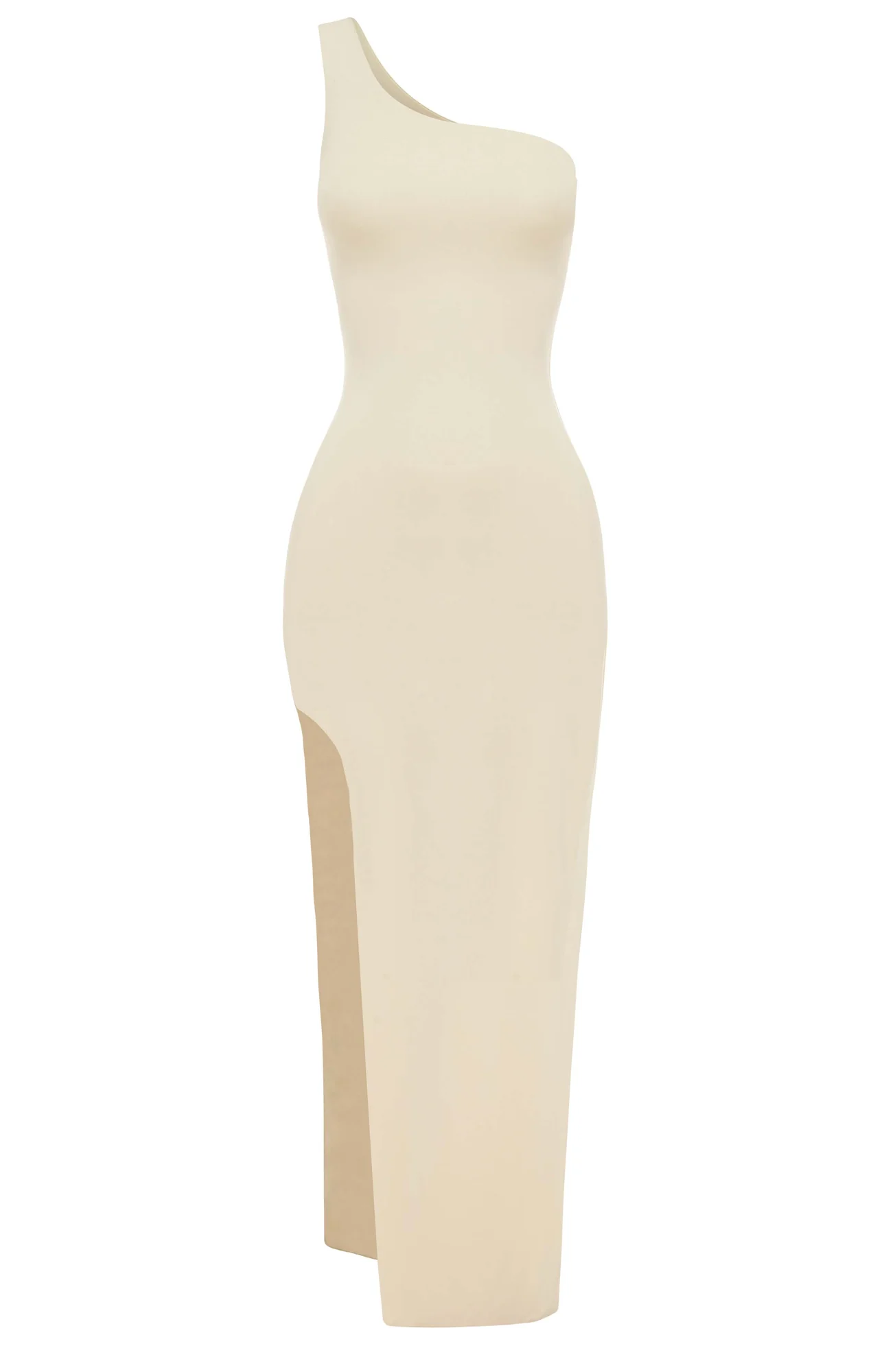 Cream Modal Maxi Dress - One Shoulder Strap & Thigh High Split