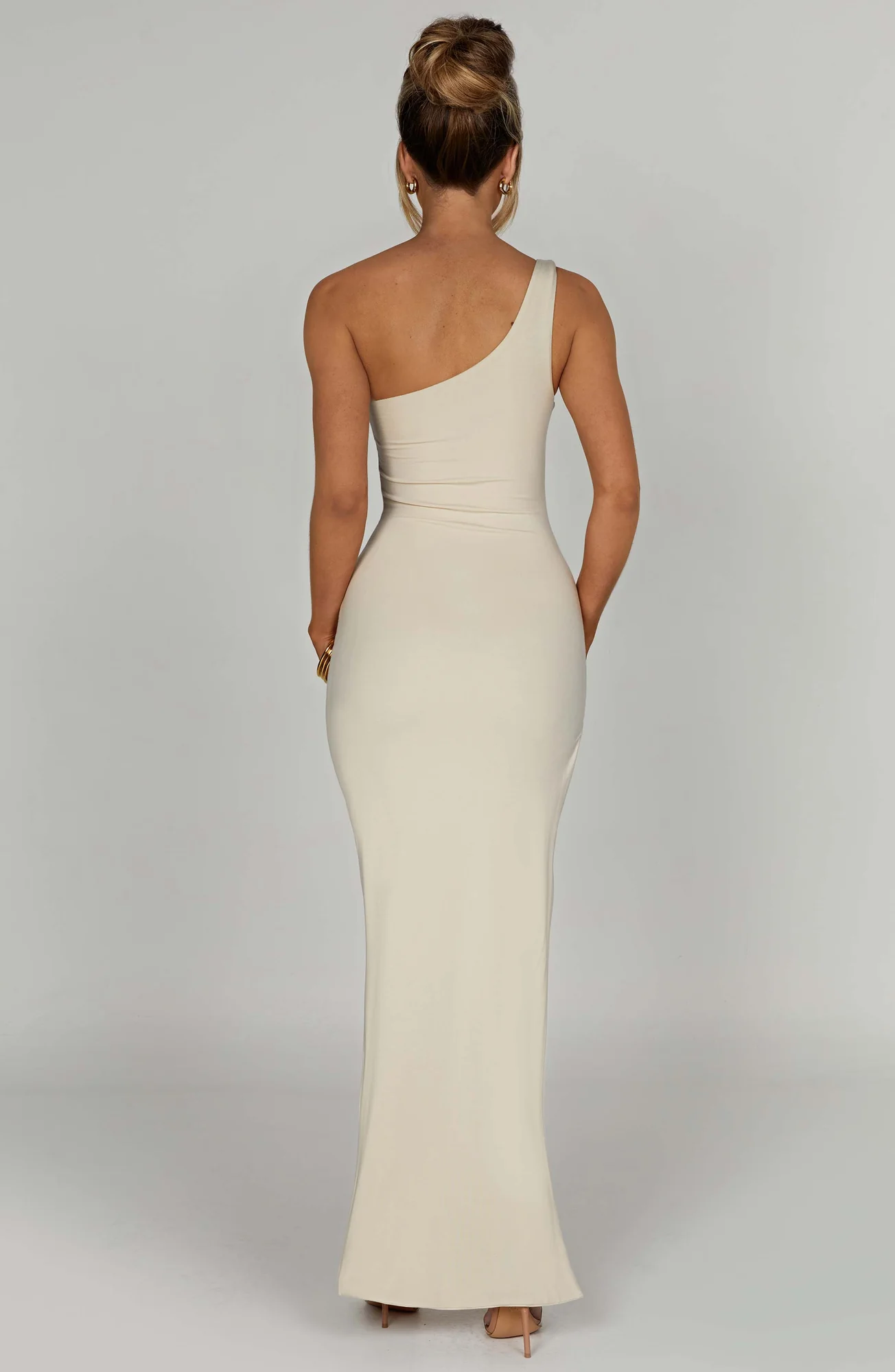 Cream Modal Maxi Dress - One Shoulder Strap & Thigh High Split