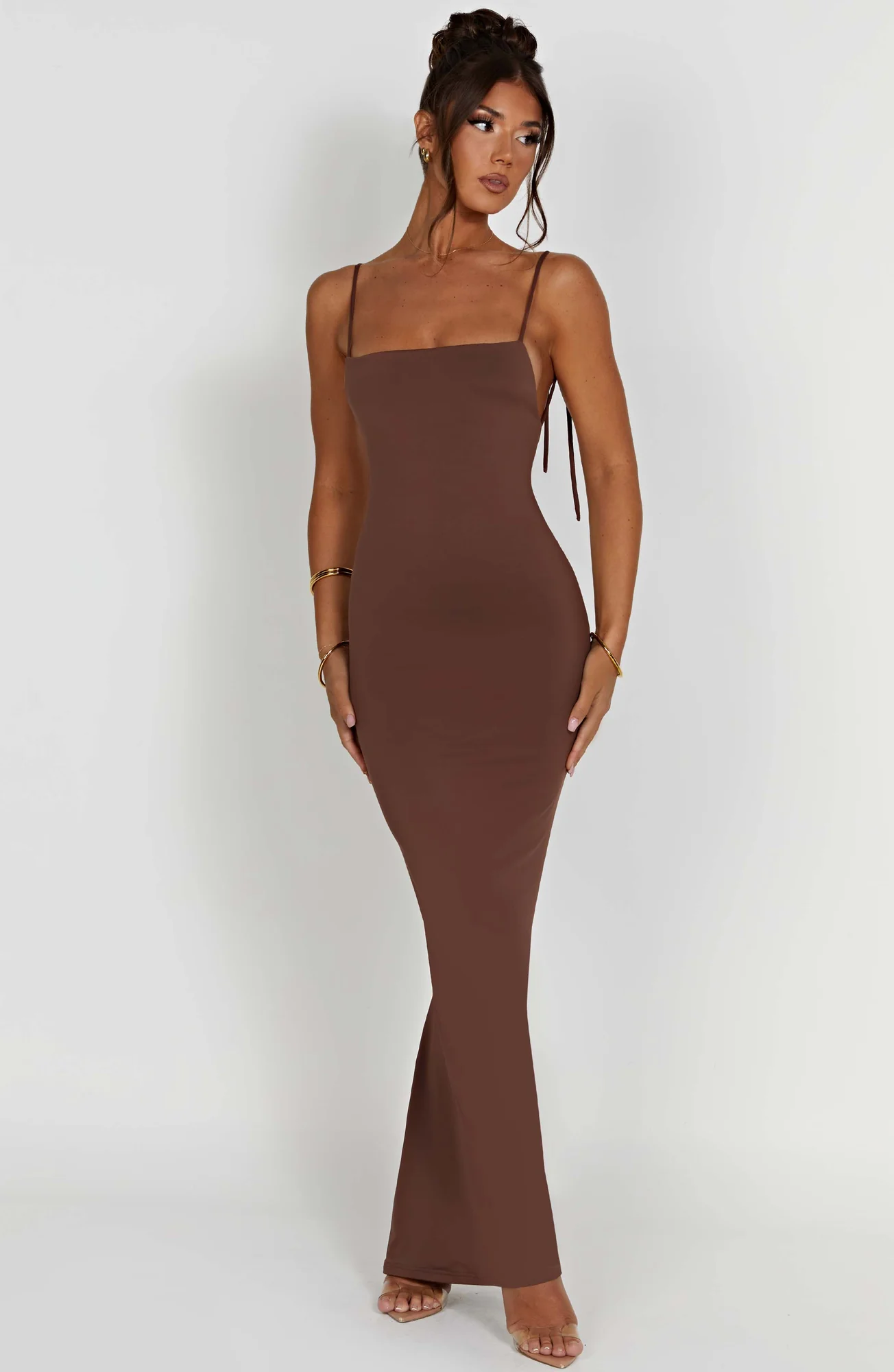 Chocolate Slinky Maxi Dress - Elegant Floor Sweeping Gown