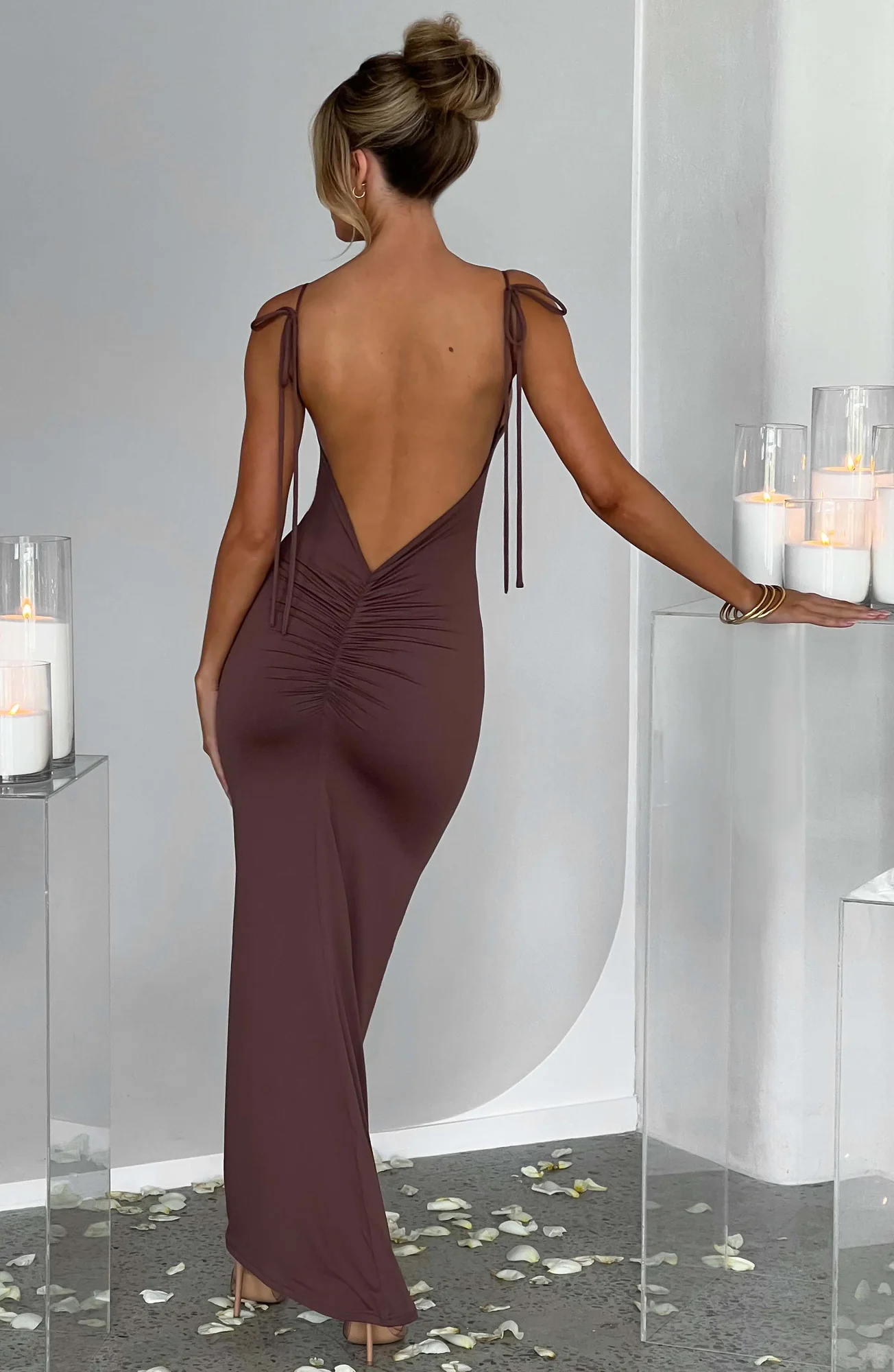 Chocolate Slinky Maxi Dress - Elegant Floor Sweeping Gown