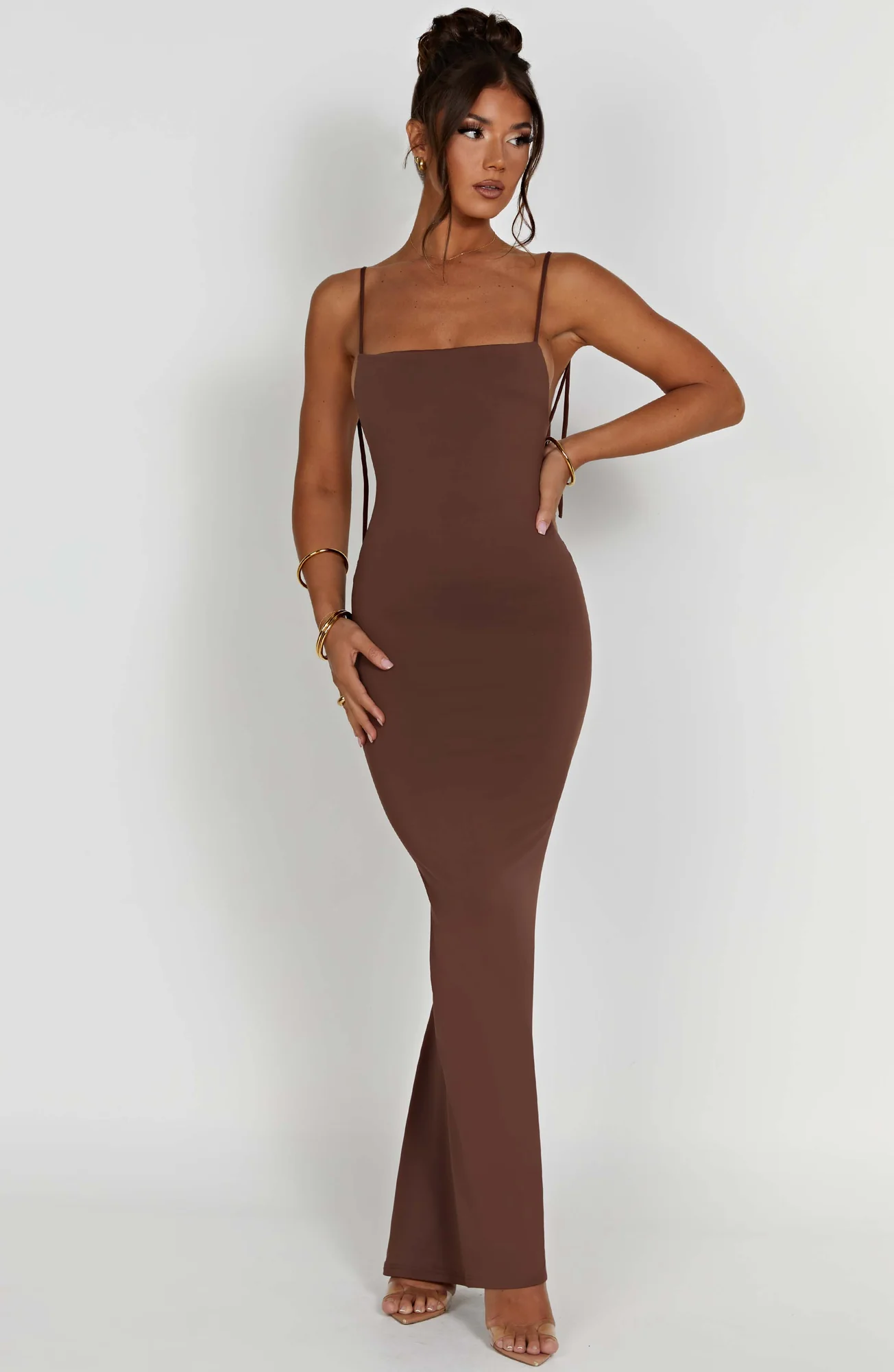Chocolate Slinky Maxi Dress - Elegant Floor Sweeping Gown