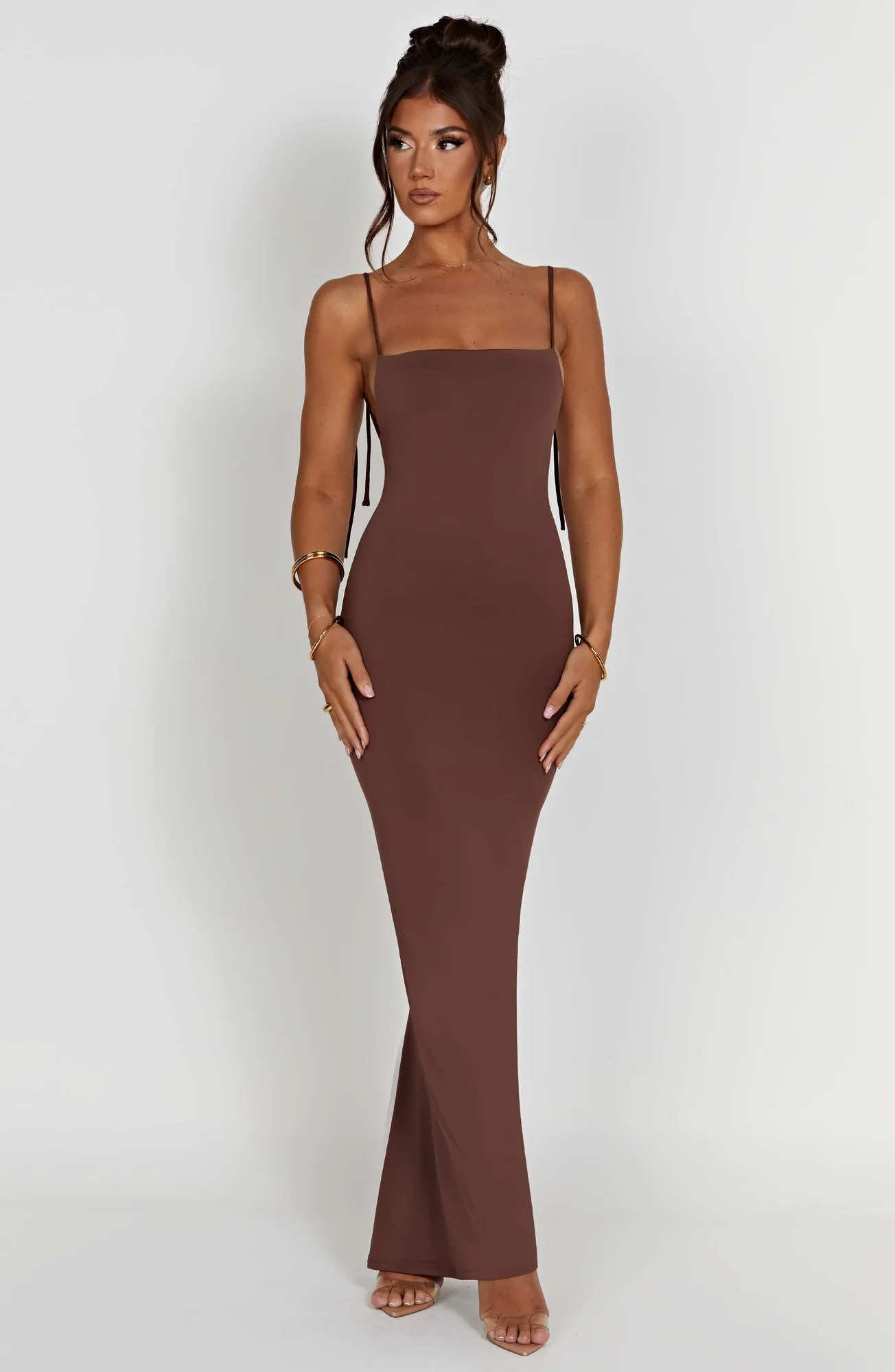 Chocolate Slinky Maxi Dress - Elegant Floor Sweeping Gown