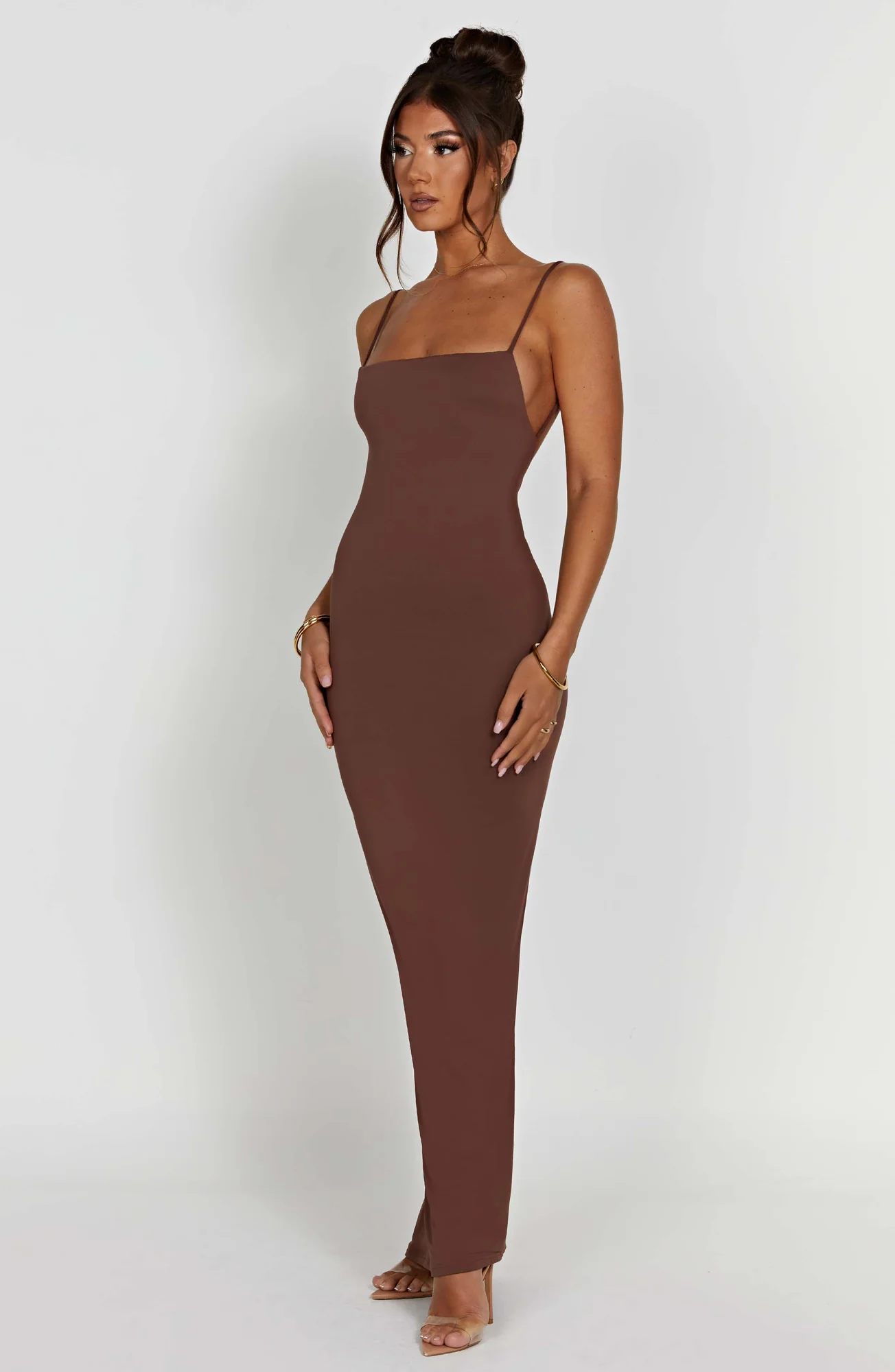 Chocolate Slinky Maxi Dress - Elegant Floor Sweeping Gown
