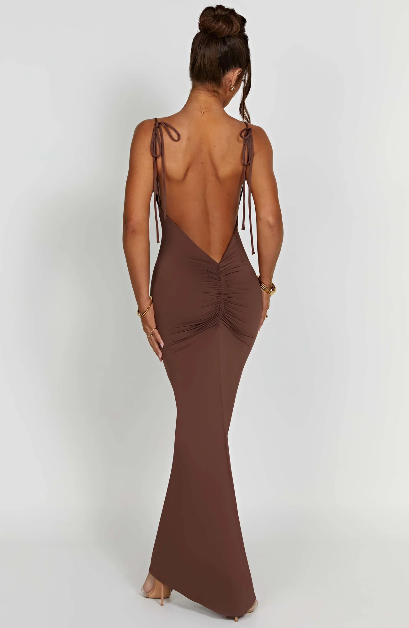 Chocolate Slinky Maxi Dress - Elegant Floor Sweeping Gown