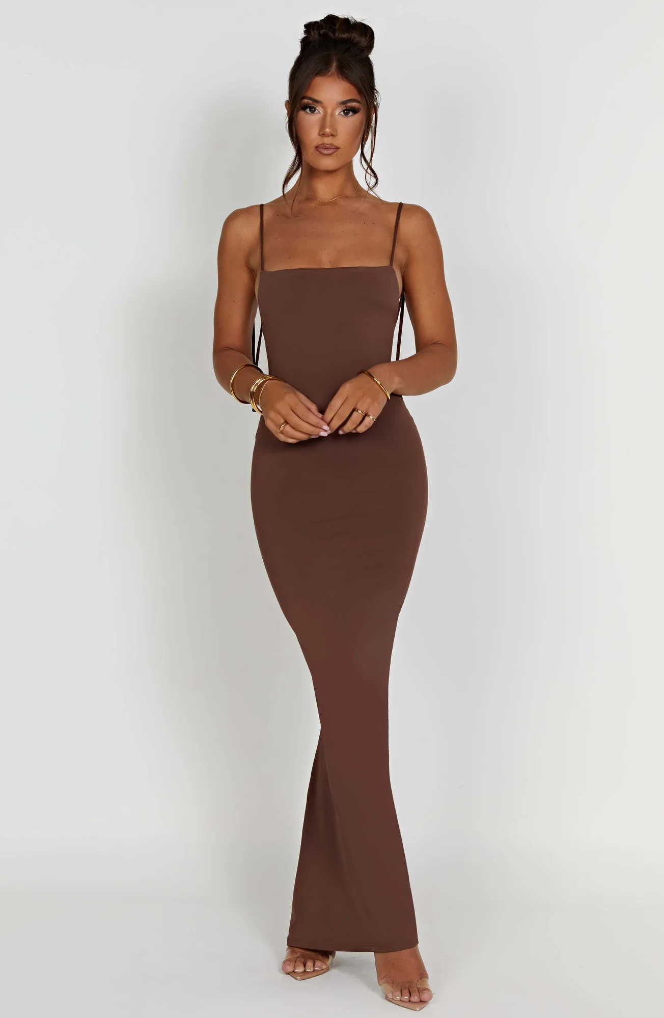 Chocolate Slinky Maxi Dress - Elegant Floor Sweeping Gown
